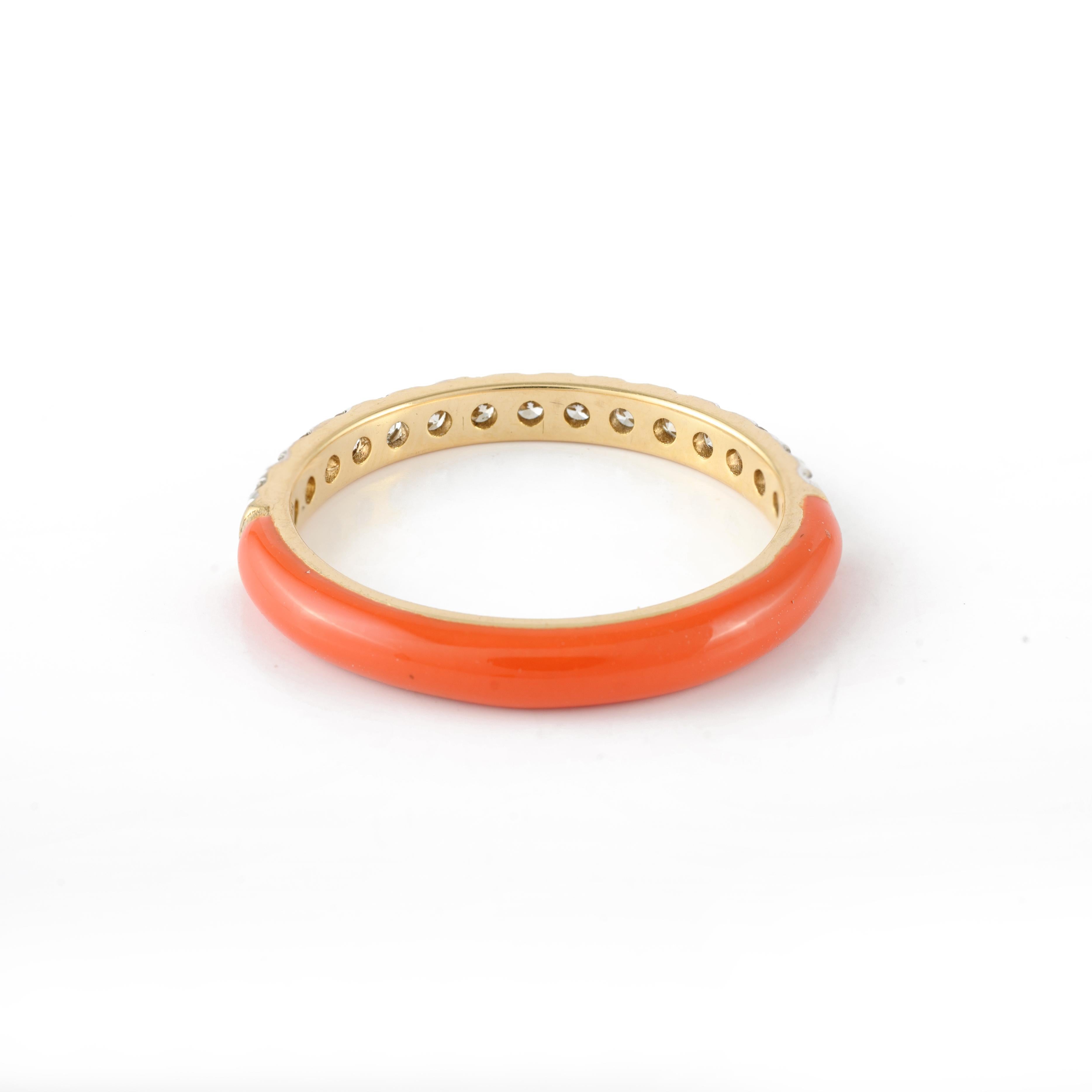 For Sale:  Orange Enamel Diamond Ring 14k Solid Yellow Gold Stacking Band 7