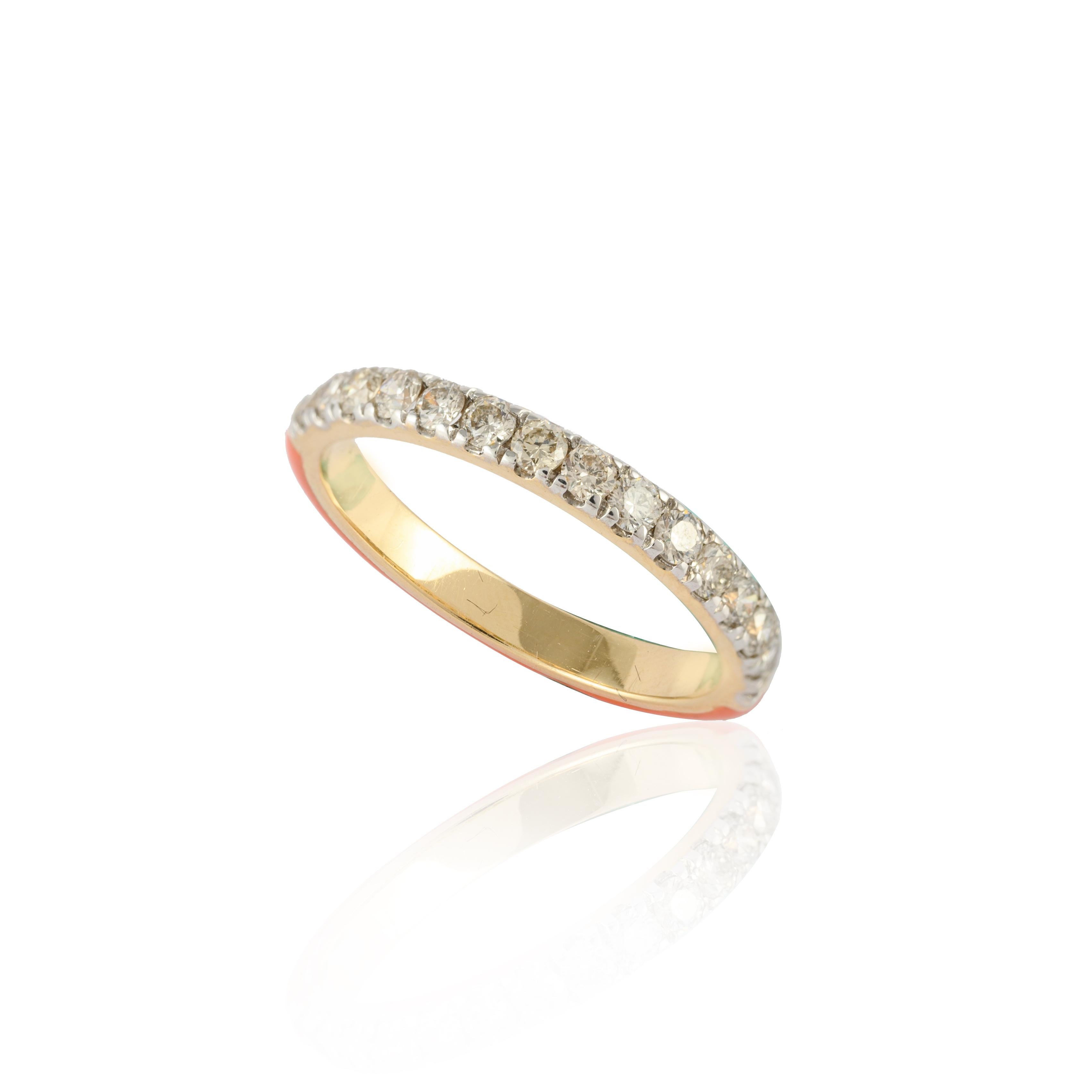 For Sale:  Orange Enamel Diamond Ring 14k Solid Yellow Gold Stacking Band 9
