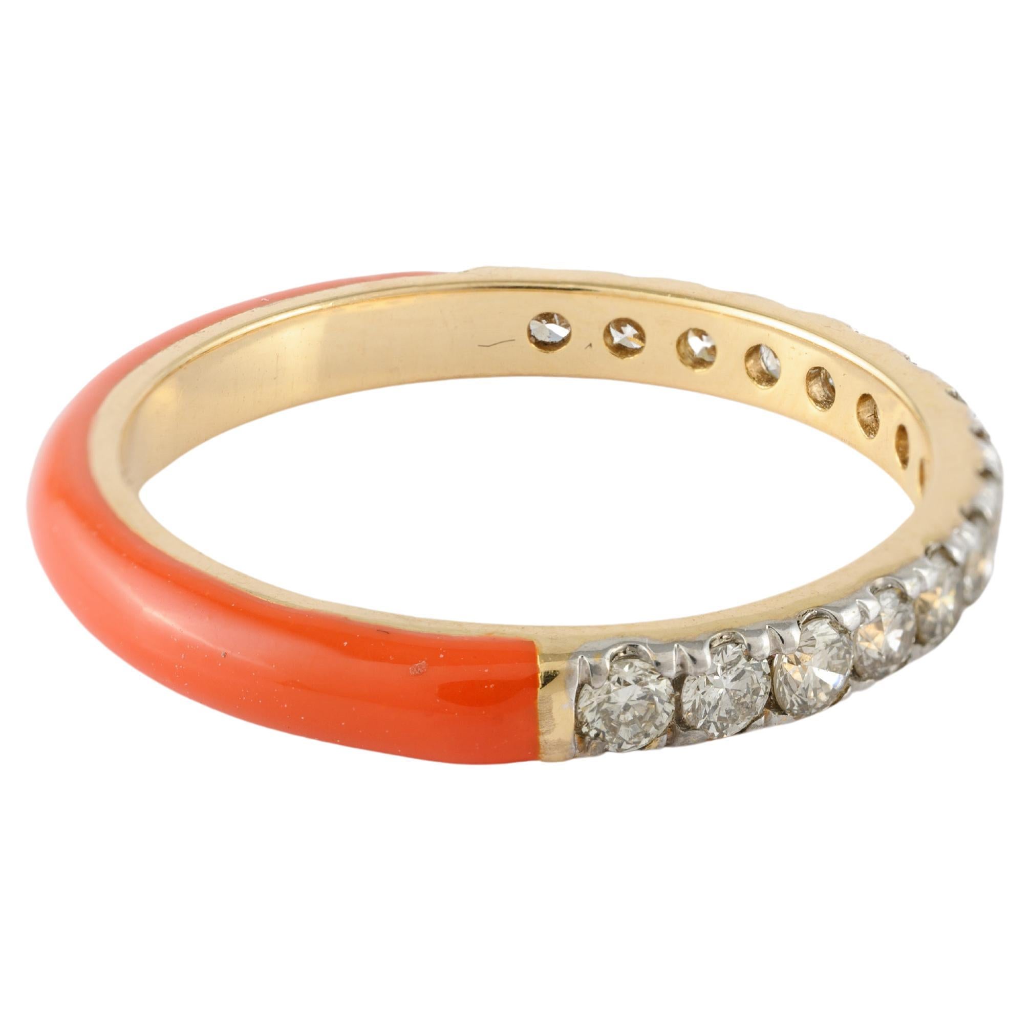 For Sale:  Orange Enamel Diamond Ring 14k Solid Yellow Gold Stacking Band