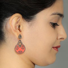 Orange Enamel Earring with Diamond Motif