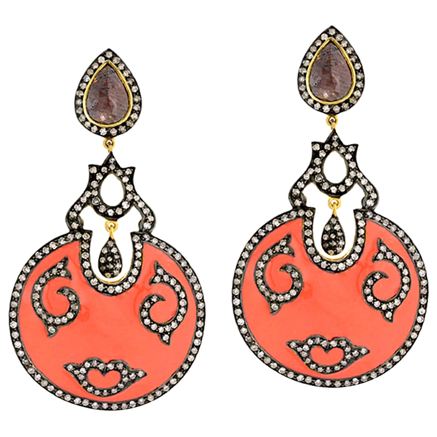 Orange Enamel Earring with Diamond Motif For Sale