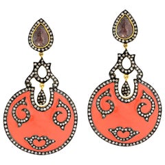 Orange Enamel Earring with Diamond Motif