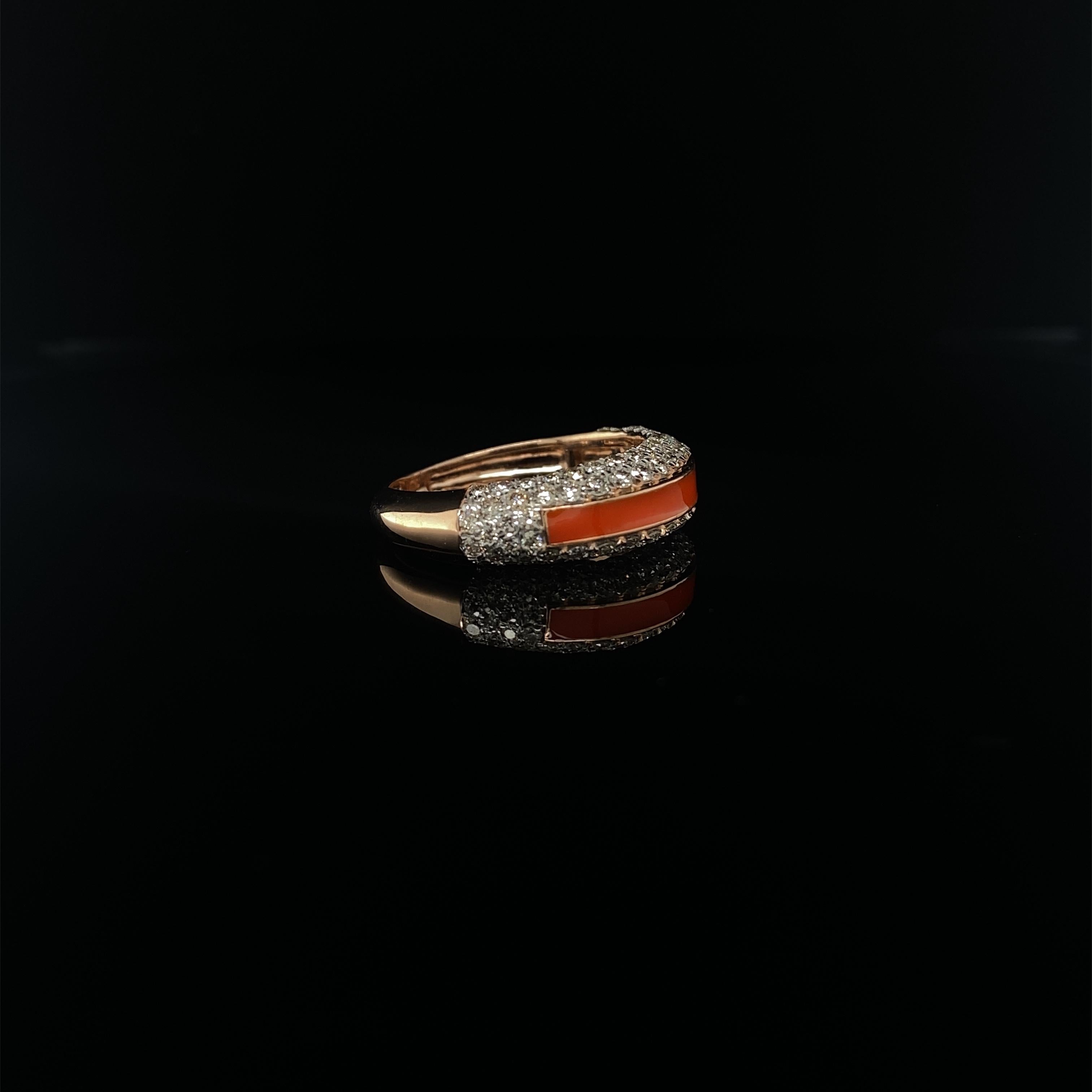 For Sale:  Orange Enamelled Band Diamond Ring set in 18k Solid Gold 6