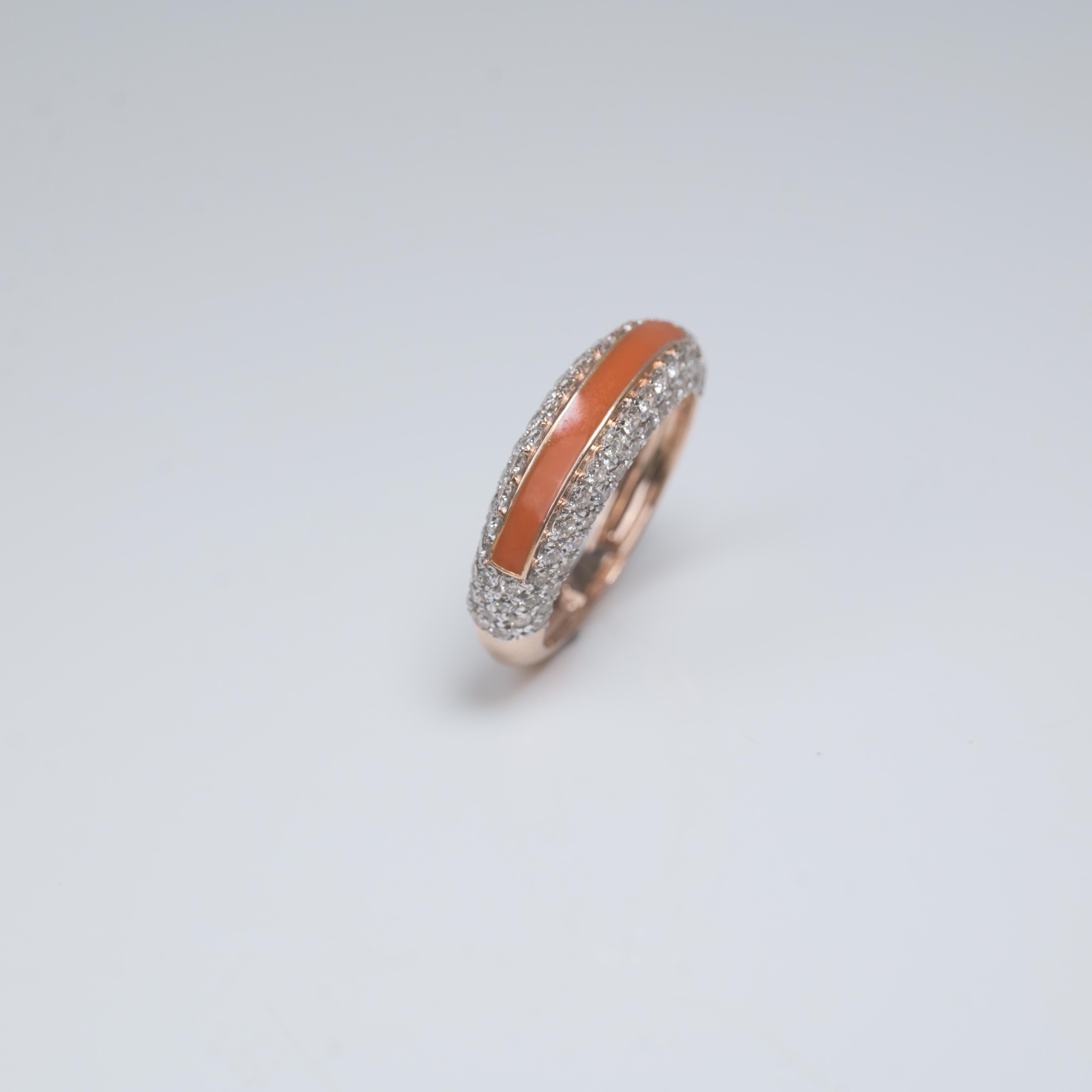 For Sale:  Orange Enamelled Band Diamond Ring set in 18k Solid Gold 8