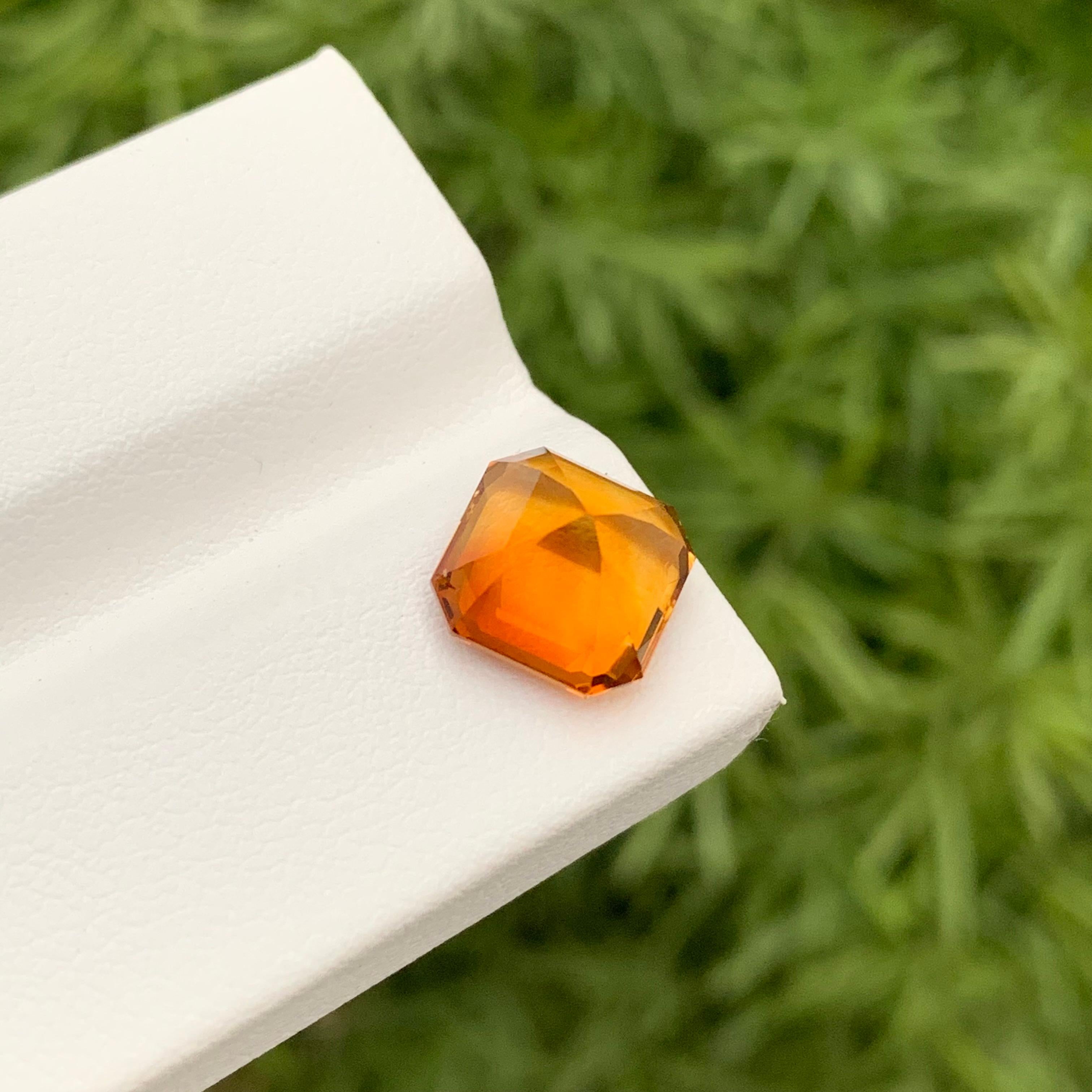 Loose Mandarin Citrine 
Weight: 3.45 Carats 
Dimension: 8.9x8.8x7 Mm
Origin: Brazil
Shape: Asscher 
Color: Orange
Certificate: On Demand 
Madeira citrine is a captivating gemstone known for its warm, earthy hues. This variety of citrine, named after