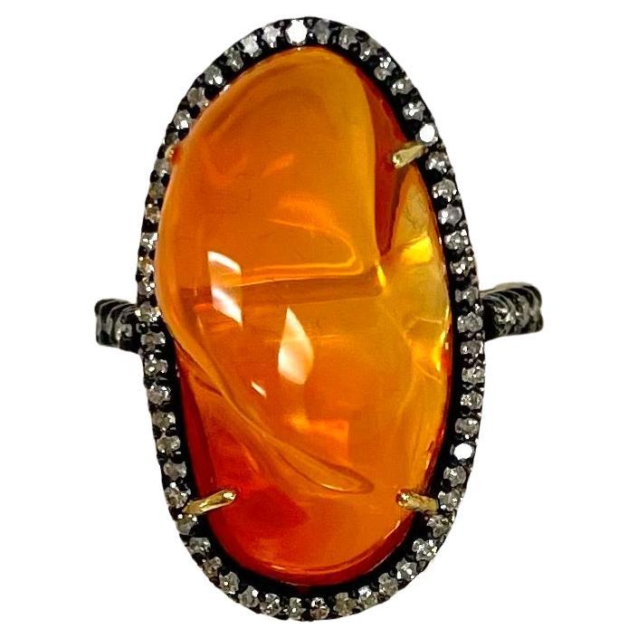 Artisan Orange Fire Opal with Pave Diamonds Ring For Sale