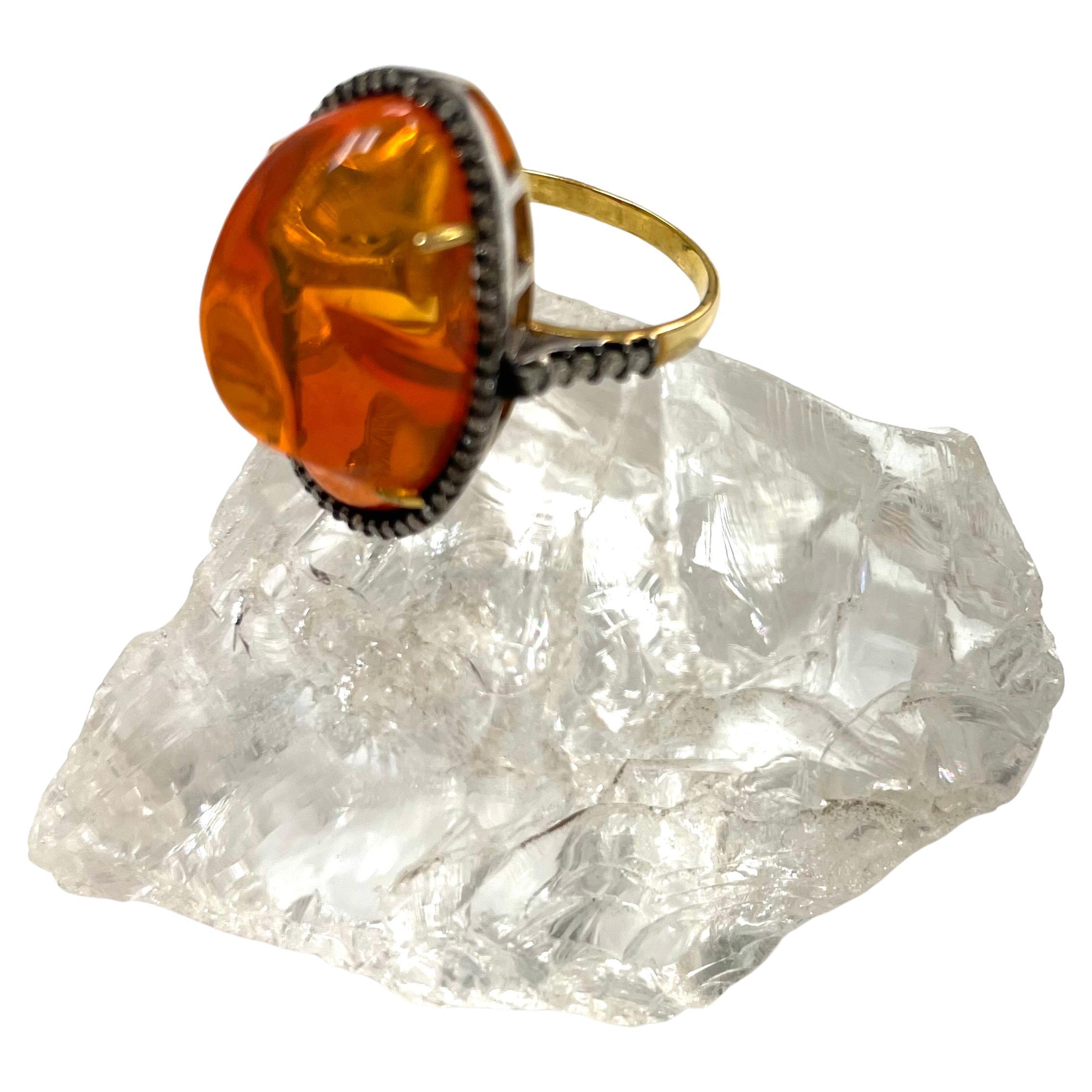 Bead Orange Fire Opal with Pave Diamonds Ring For Sale