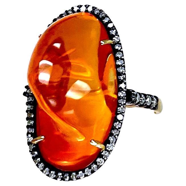 Orange Fire Opal with Pave Diamonds Ring In New Condition For Sale In Laguna Beach, CA