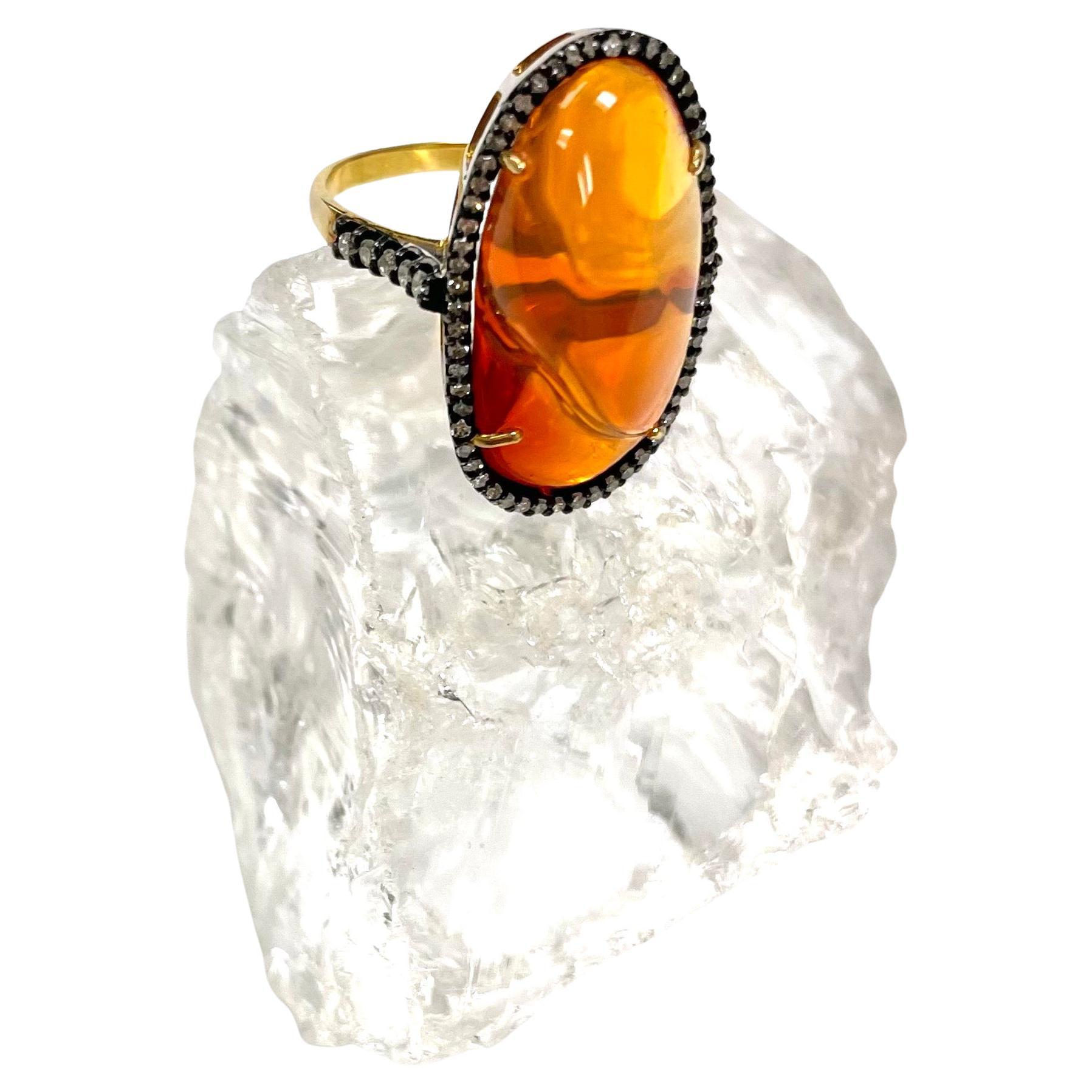 Women's Orange Fire Opal with Pave Diamonds Ring For Sale