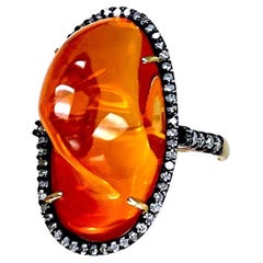 Orange Fire Opal with Pave Diamonds Ring