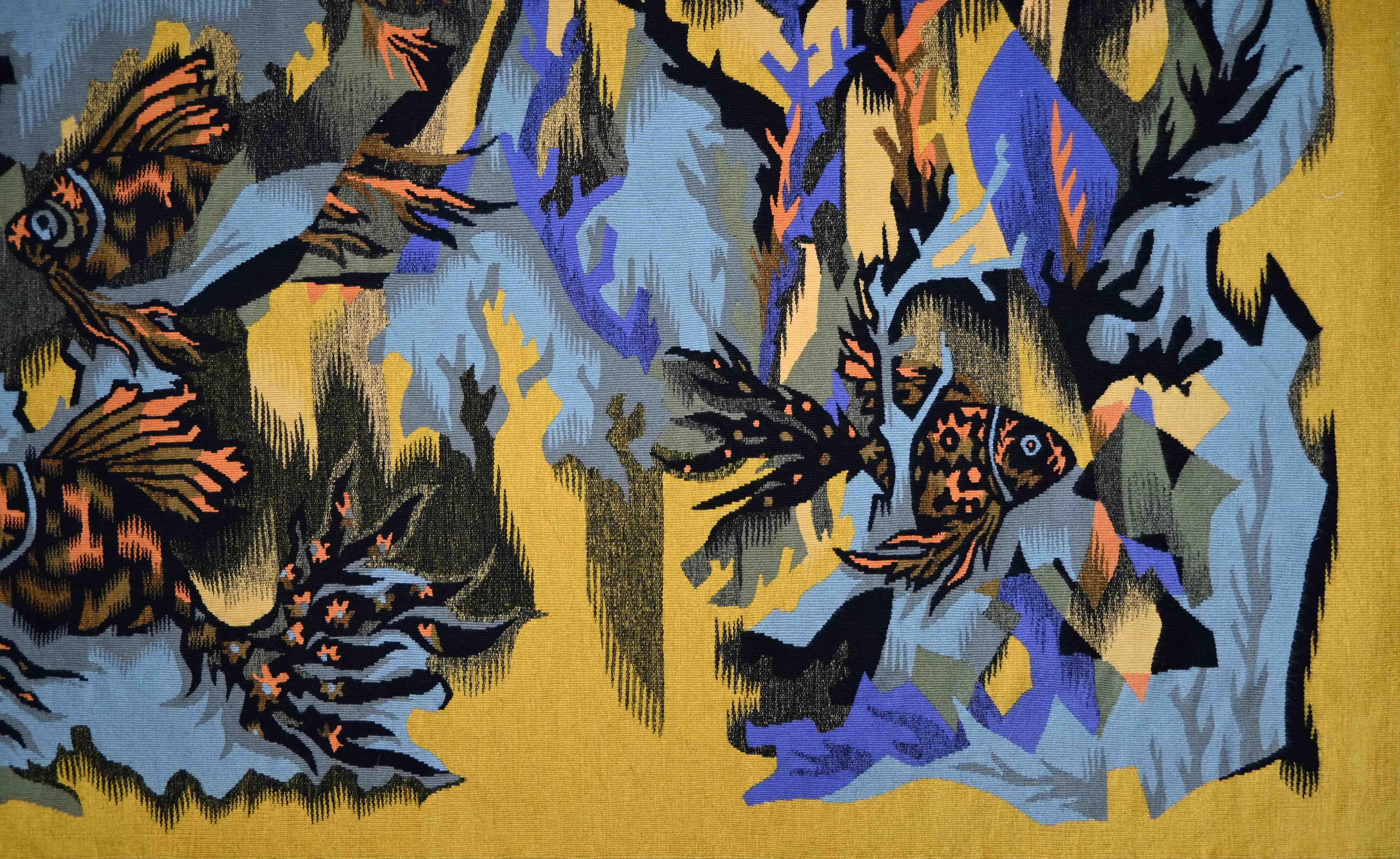 Aubusson Poissons orange, Elie Grekoff - Tapisserie française de l'Atelier Pintons Frers, n° 1469 en vente