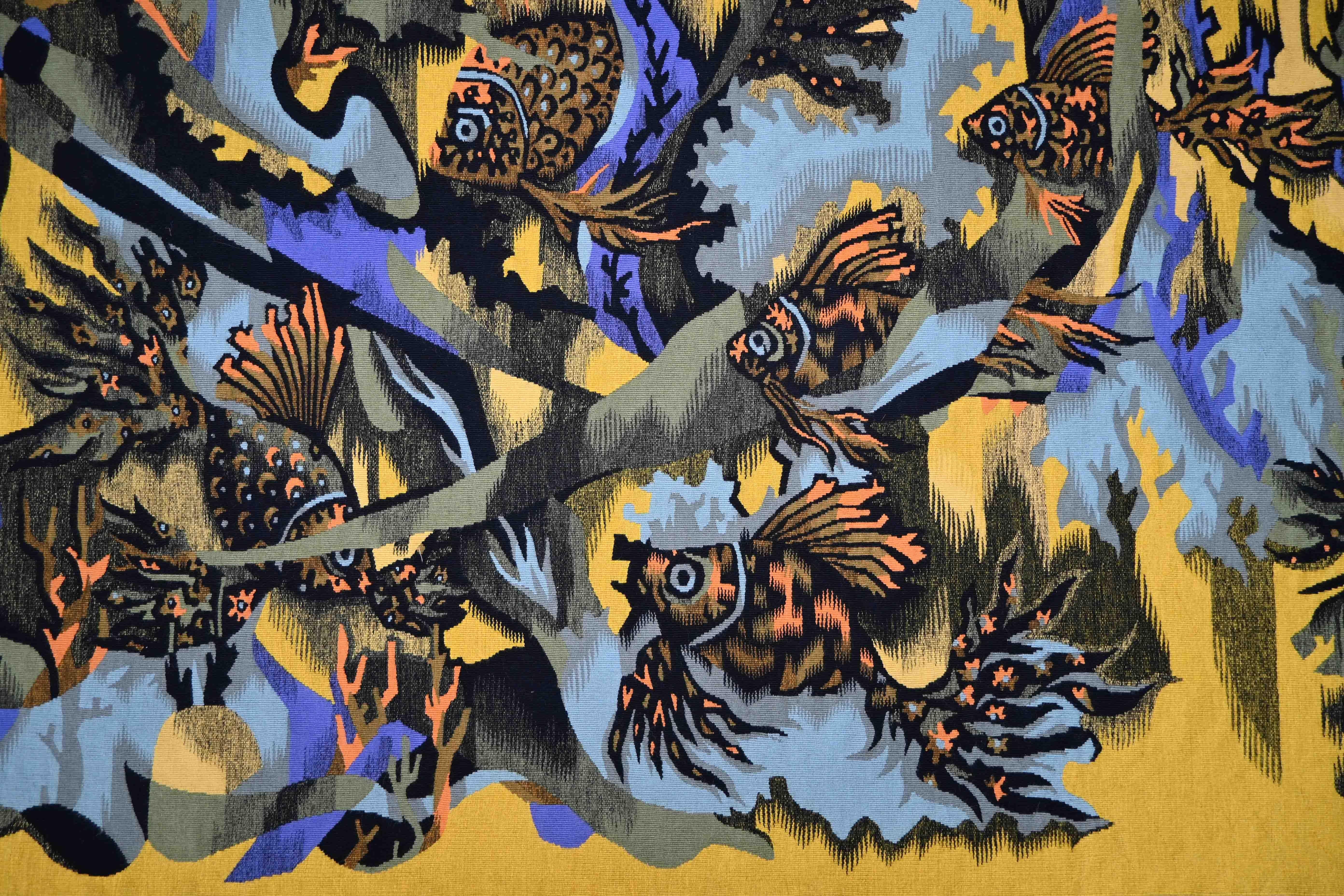 Français Poissons orange, Elie Grekoff - Tapisserie française de l'Atelier Pintons Frers, n° 1469 en vente