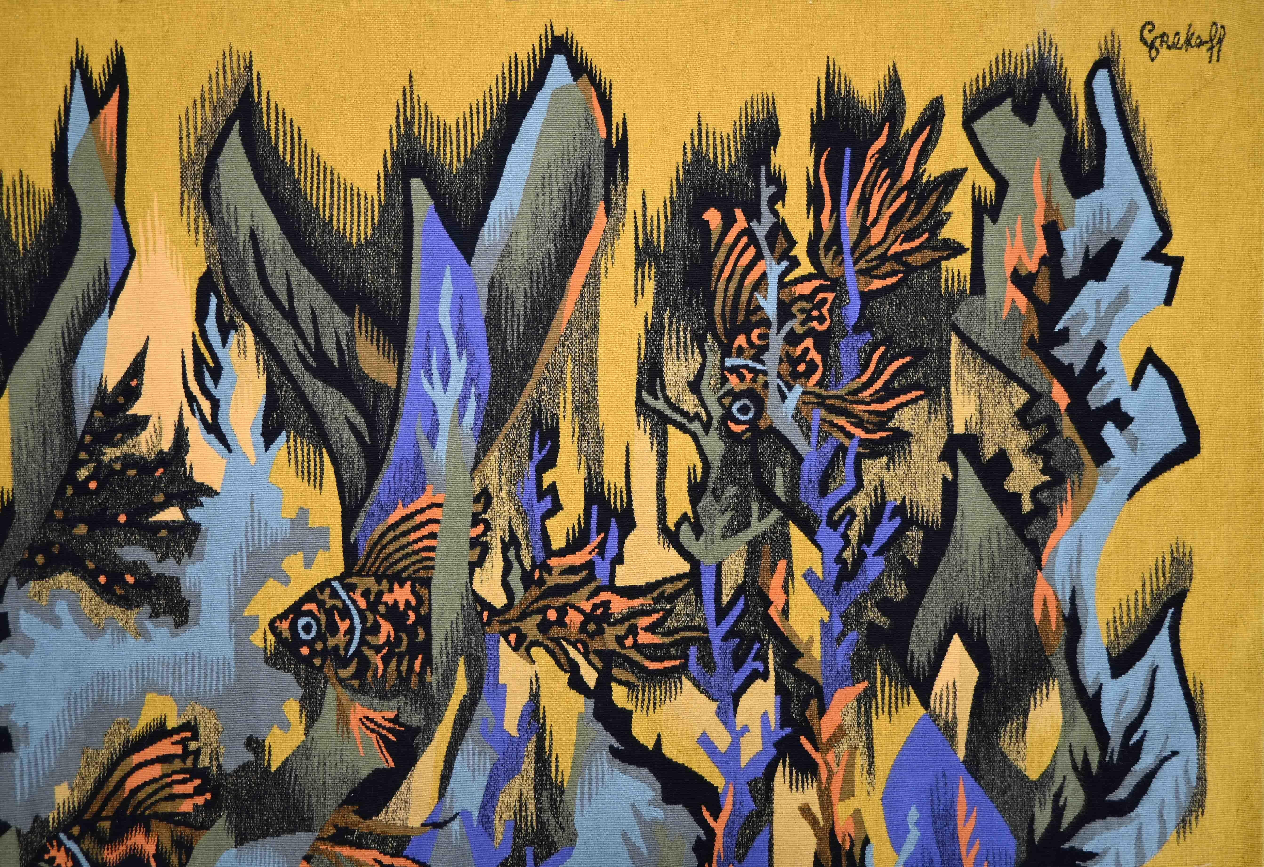 Tissé à la main Poissons orange, Elie Grekoff - Tapisserie française de l'Atelier Pintons Frers, n° 1469 en vente