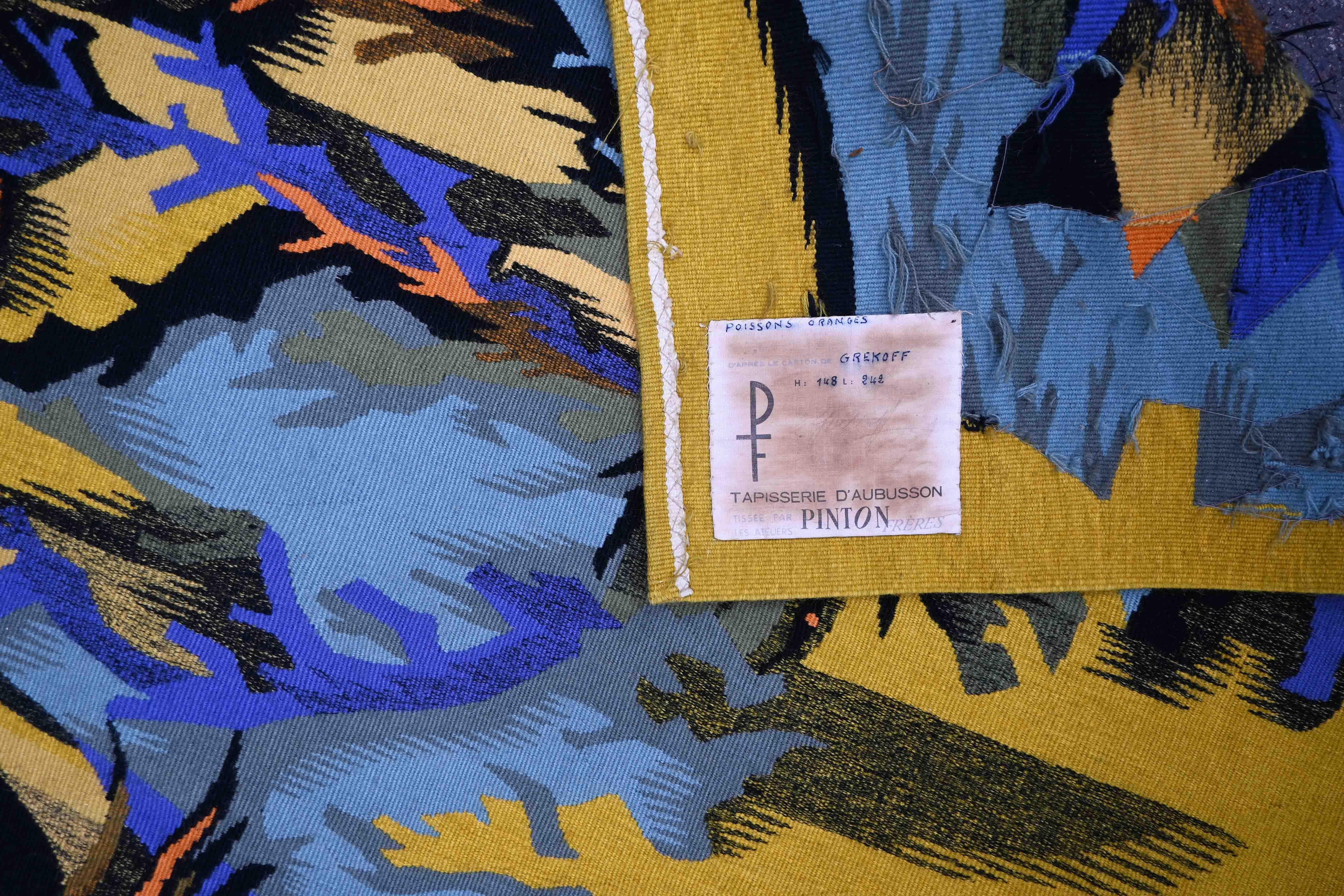 Laine Poissons orange, Elie Grekoff - Tapisserie française de l'Atelier Pintons Frers, n° 1469 en vente