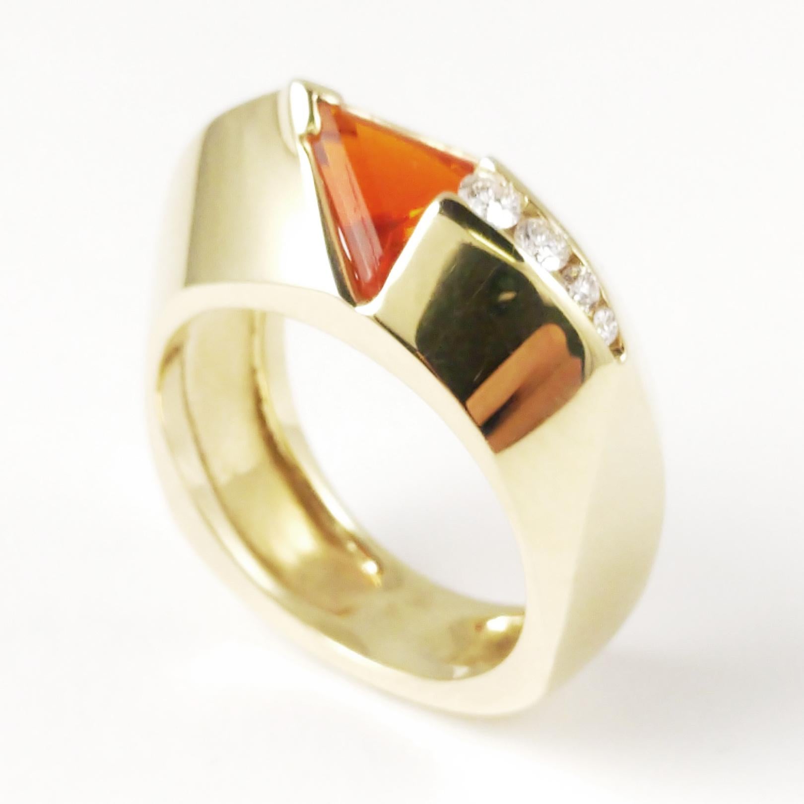 Trillion Cut Statement Ring Fire Opal Diamond 14 Karat Yellow Gold Contemporary Art Fashion For Sale
