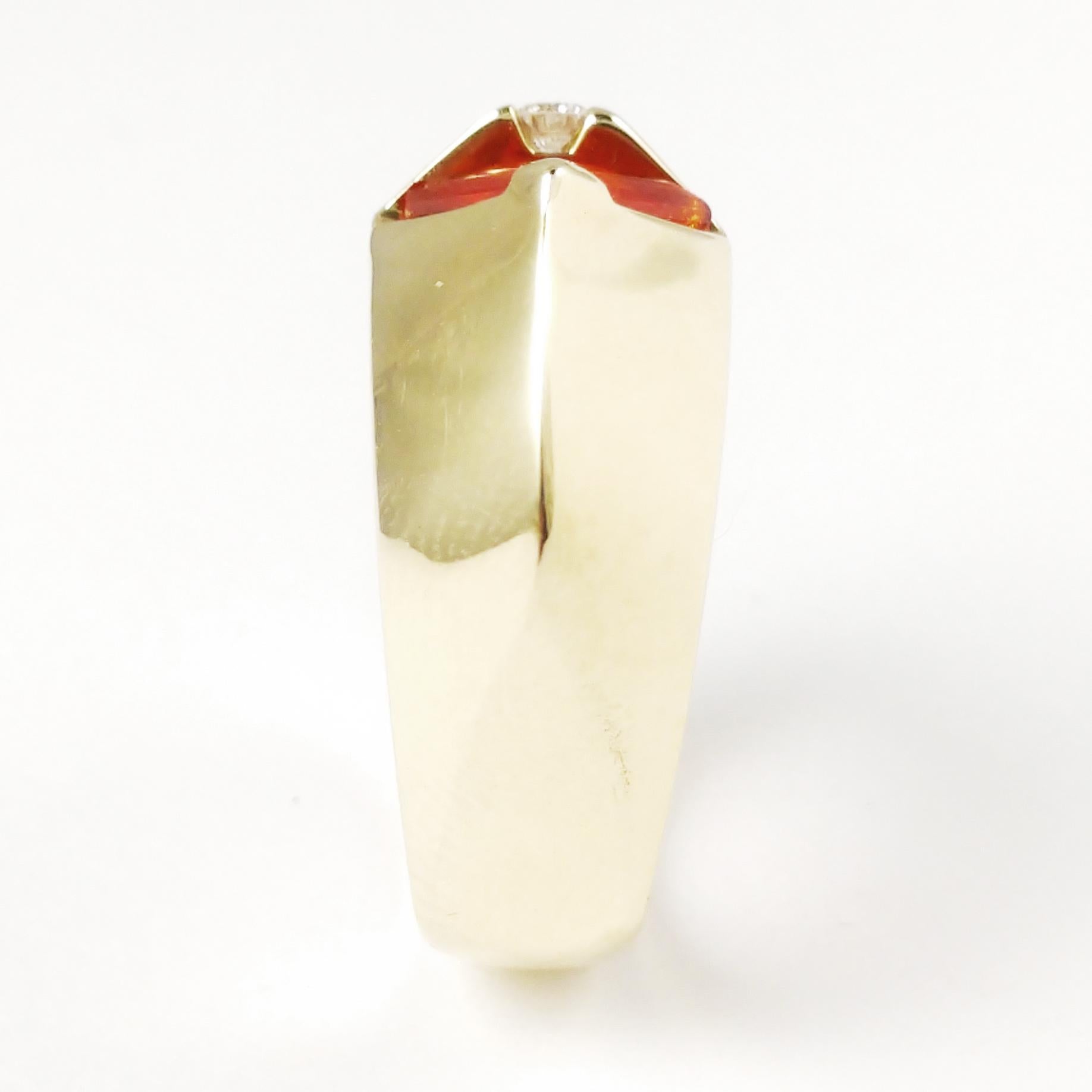 Women's Statement Ring Fire Opal Diamond 14 Karat Yellow Gold Contemporary Art Fashion For Sale