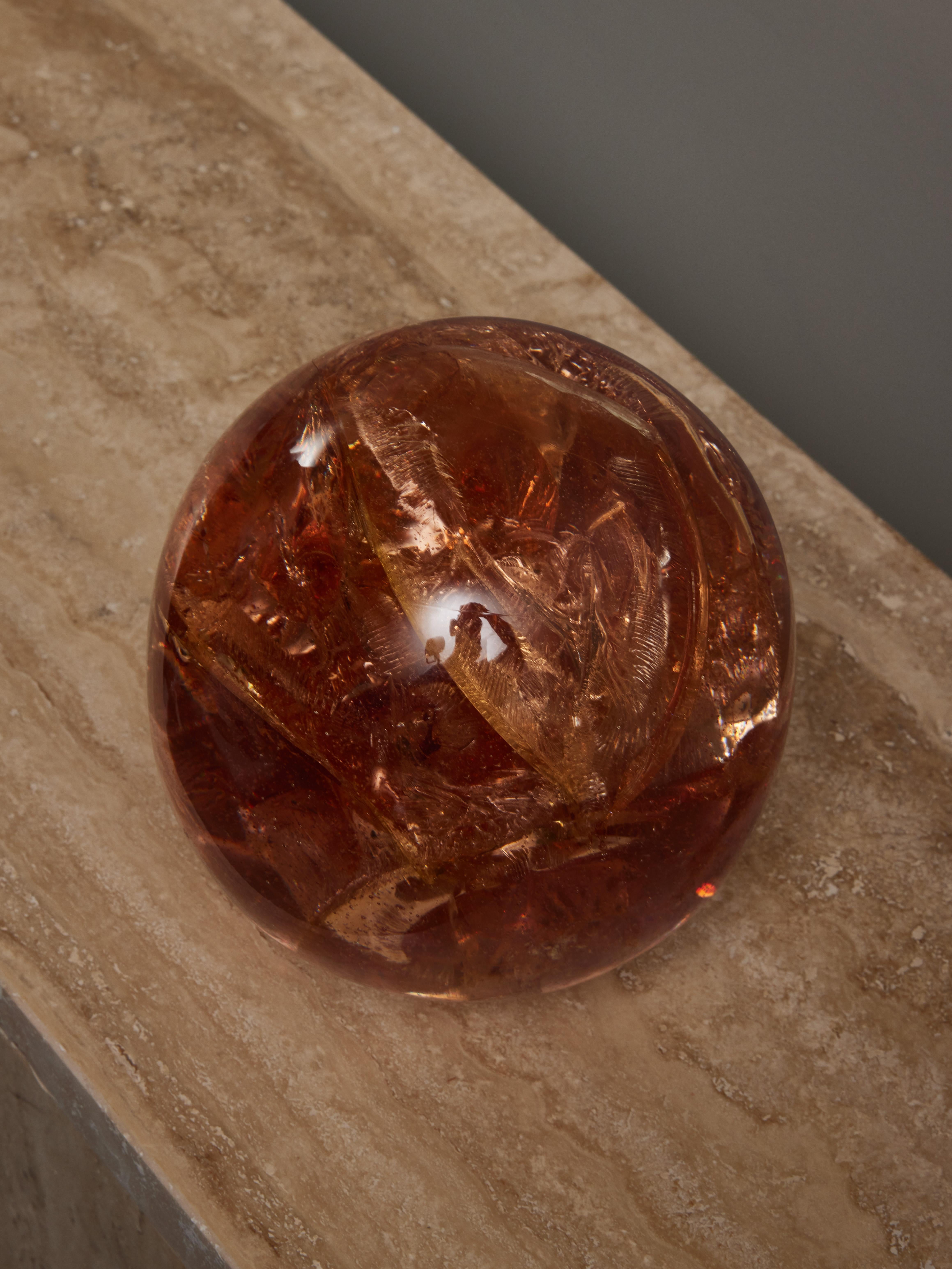 Decorative globe made of orange fractal resin in the taste of François Godebski
