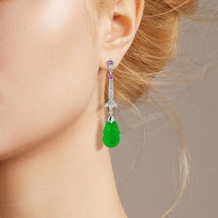 Orange Fruit Carved Jade Diamond Ruby Vintage Style Earrings in 9K White Gold
