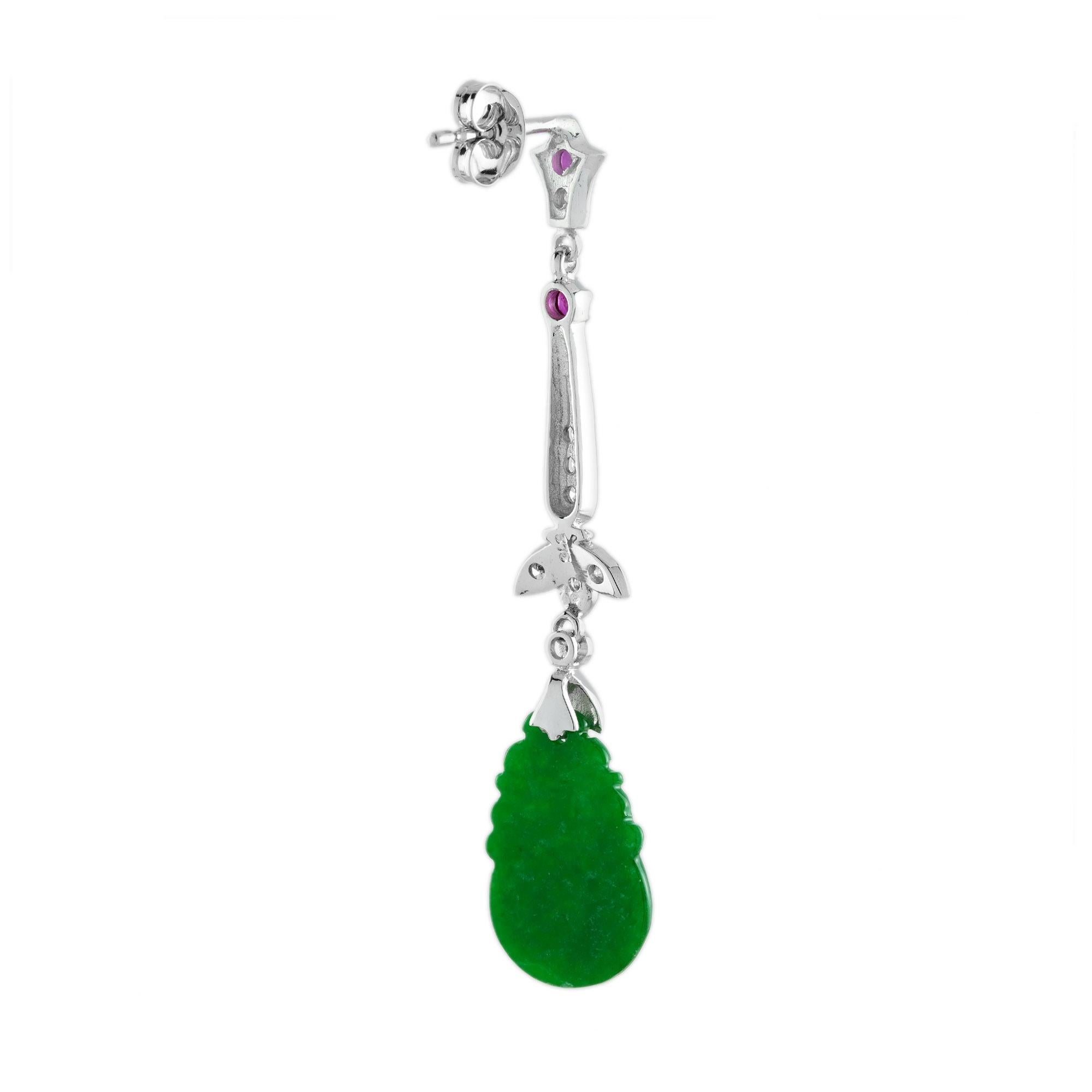Mixed Cut Orange Fruit Carved Jade Diamond Ruby Vintage Style Earrings in 9K White Gold