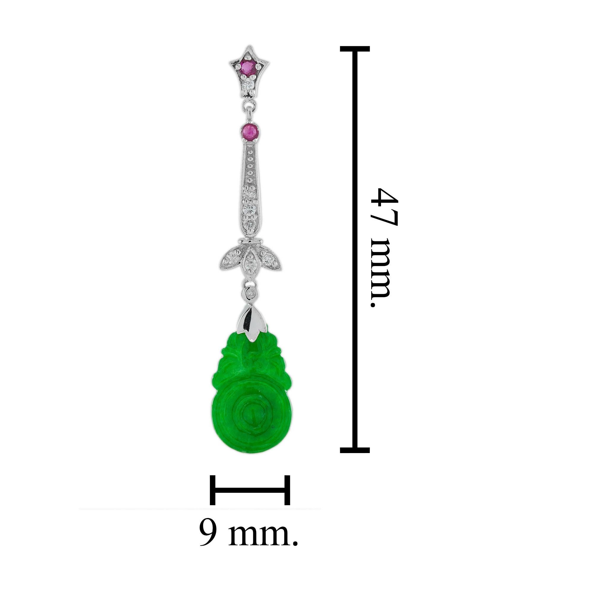 Orange Fruit Carved Jade Diamond Ruby Vintage Style Earrings in 9K White Gold In New Condition In Bangkok, TH