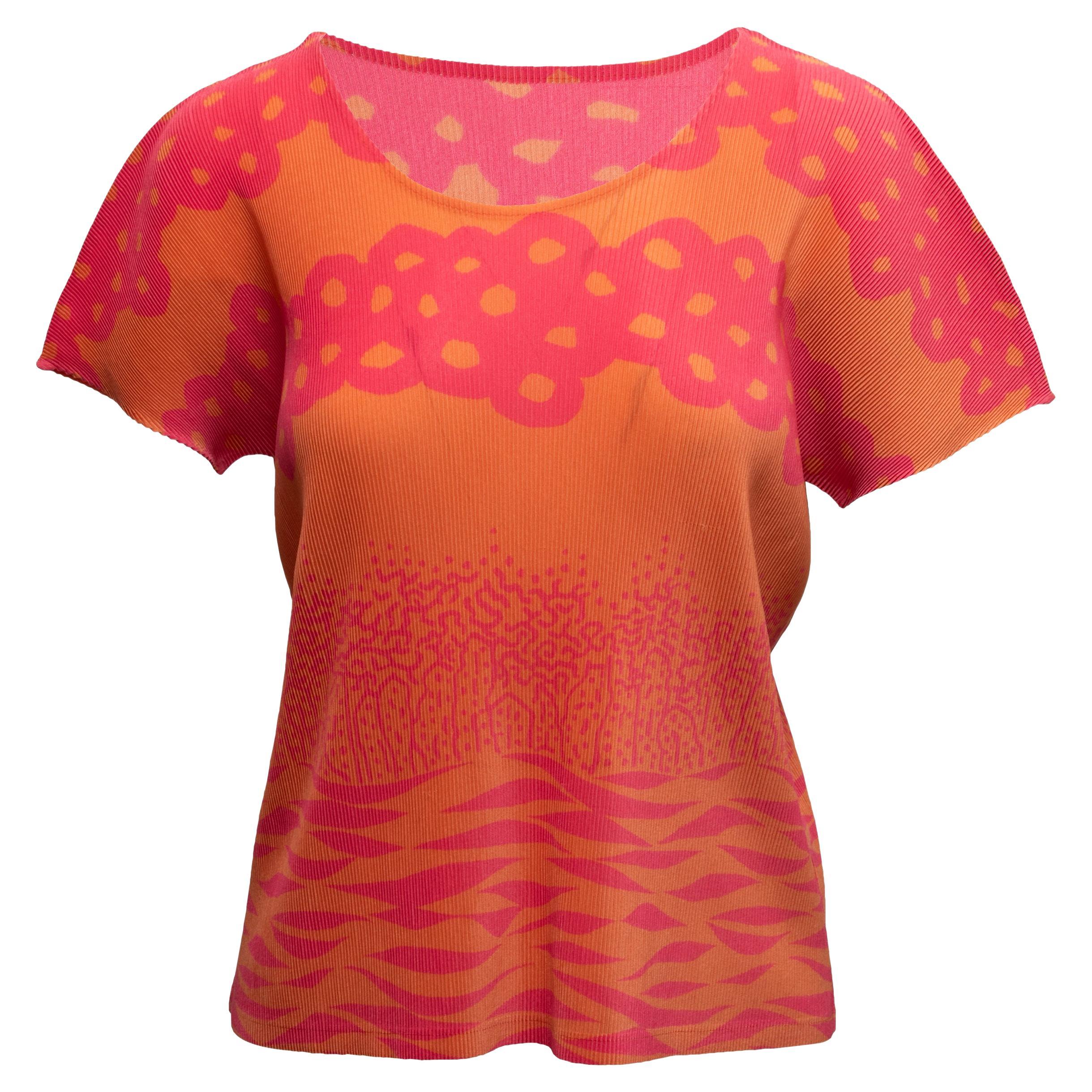 Orange & Fuchsia Pleats Please Issey Miyake Short Sleeve T-Shirt Size US M