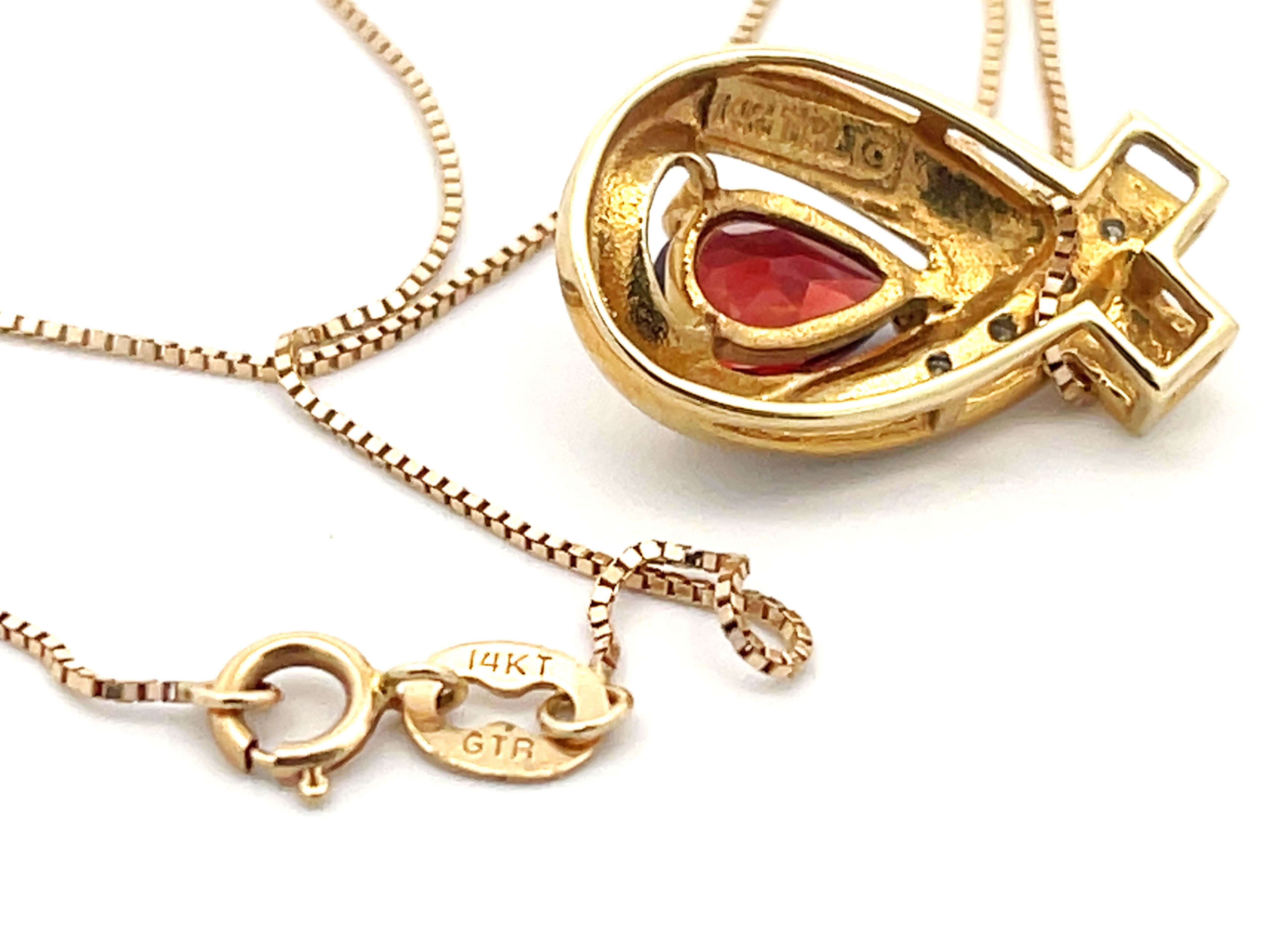 Orange Garnet and Diamond Two Toned Pendant and Chain in 14k Gold For Sale 1