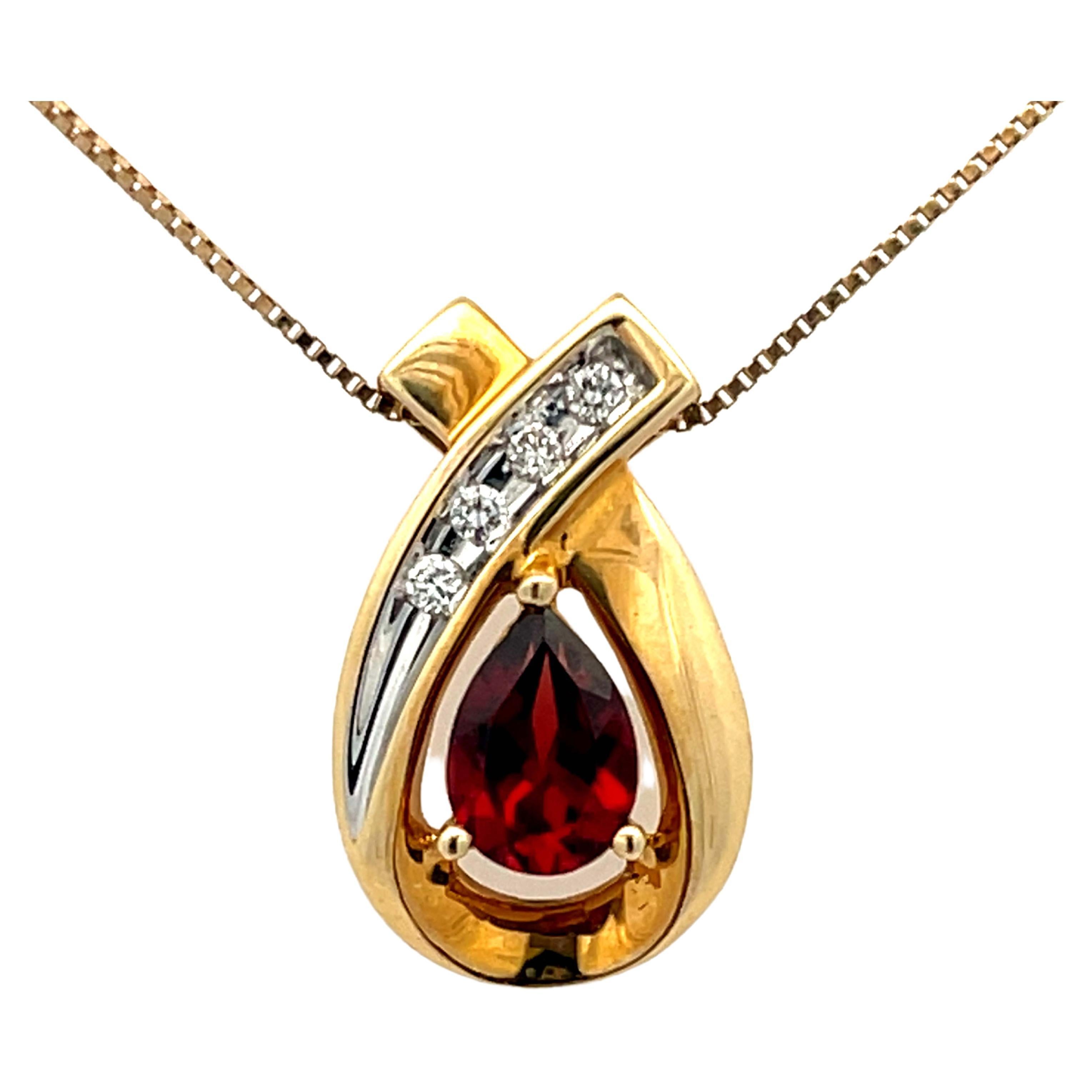 Orange Garnet and Diamond Two Toned Pendant and Chain in 14k Gold For Sale