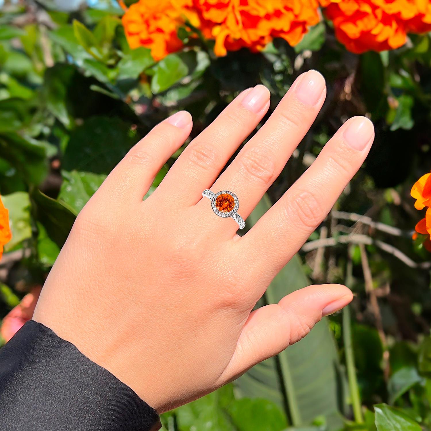 Contemporary Orange Garnet Ring With Diamonds 1.71 Carats 14K White Gold For Sale
