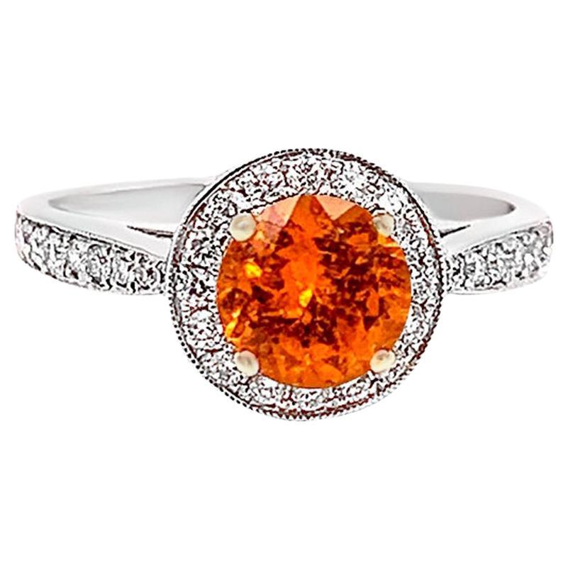 Orange Garnet Ring With Diamonds 1.71 Carats 14K White Gold For Sale