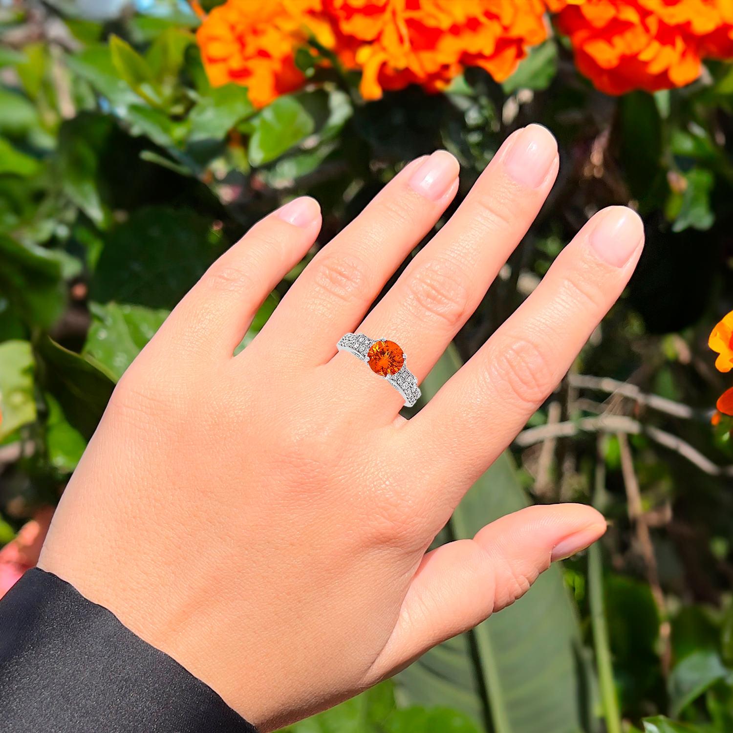 Contemporary Orange Garnet Ring With Diamonds 2.14 Carats 14K White Gold For Sale