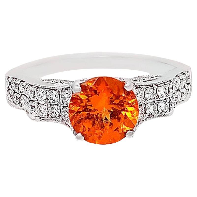 Orange Garnet Ring With Diamonds 2.14 Carats 14K White Gold For Sale