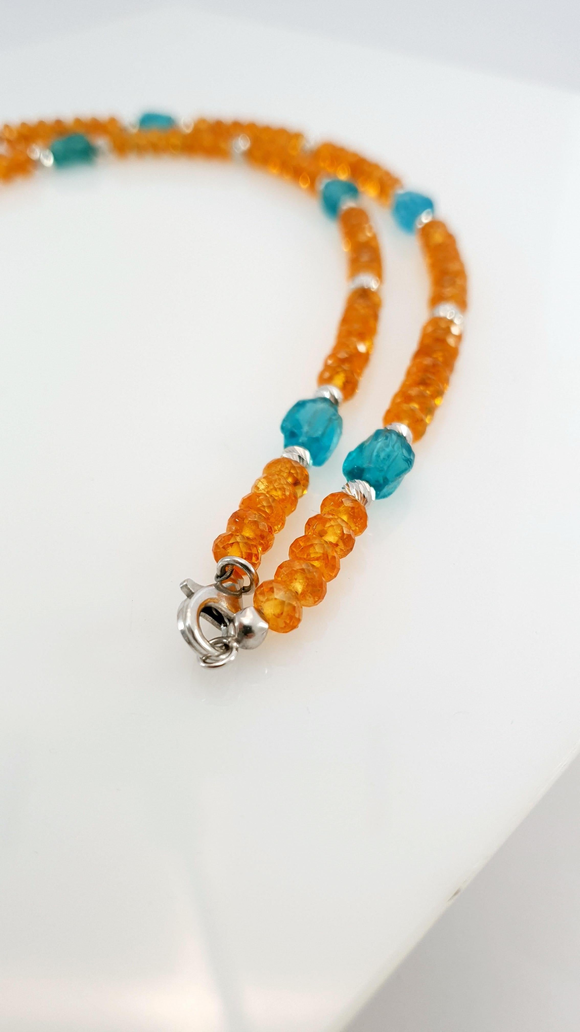 Orange Garnets and Paraiba Color Apatite Beads Necklace with 18 Carat White Gold 5