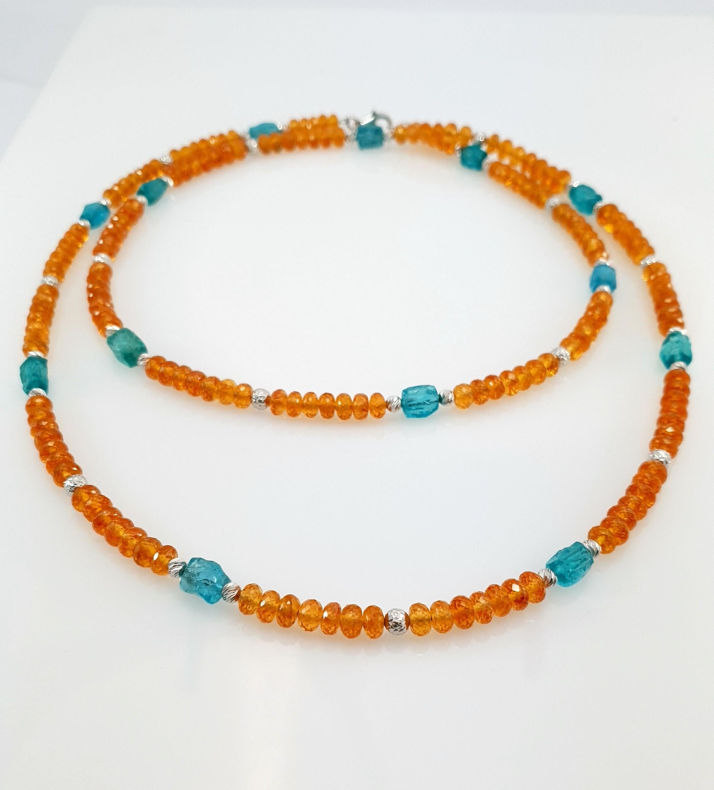 Orange Garnets and Paraiba Color Apatite Beads Necklace with 18 Carat White Gold 6