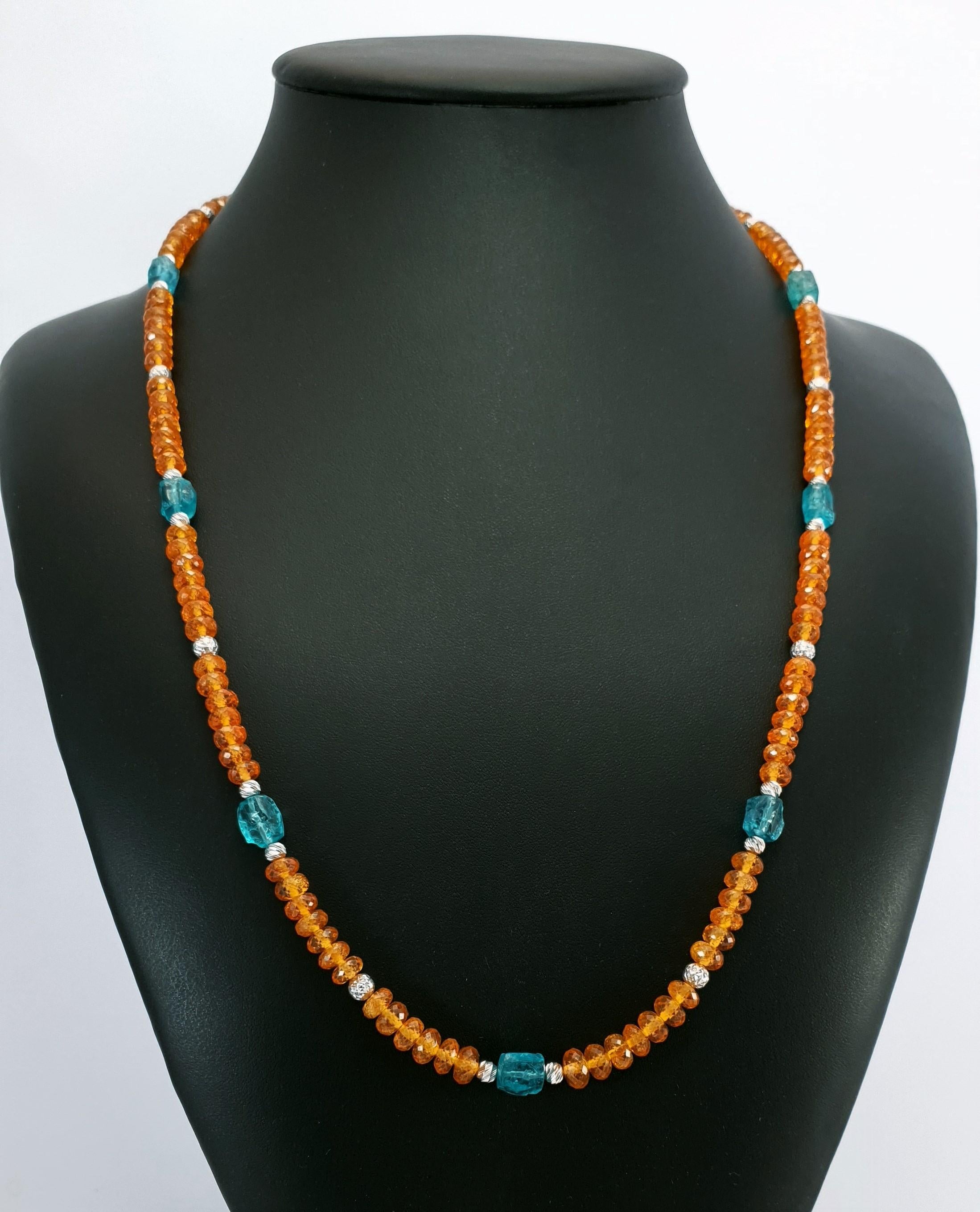 Orange Garnets and Paraiba Color Apatite Beads Necklace with 18 Carat White Gold 7