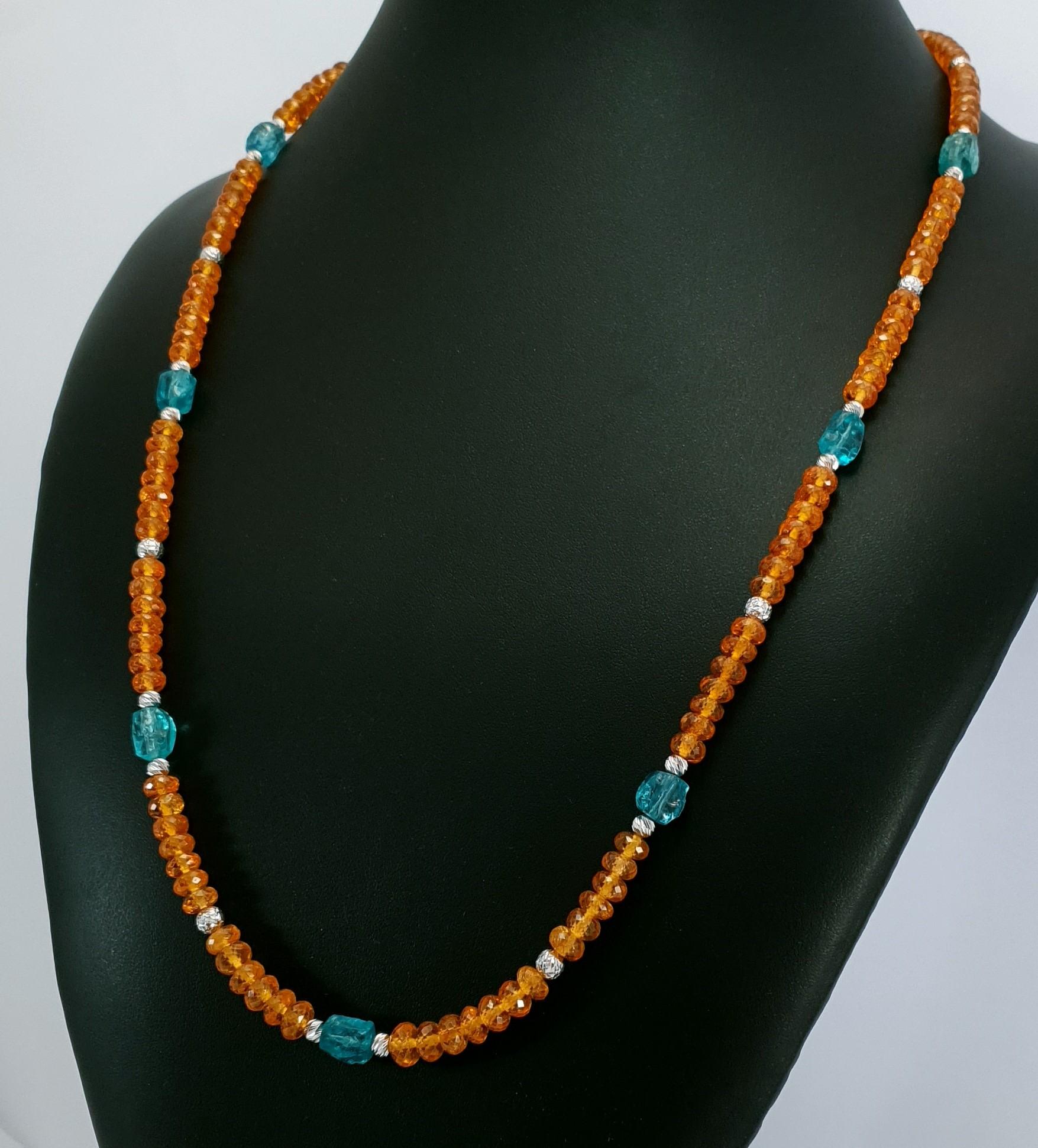 Orange Garnets and Paraiba Color Apatite Beads Necklace with 18 Carat White Gold 8