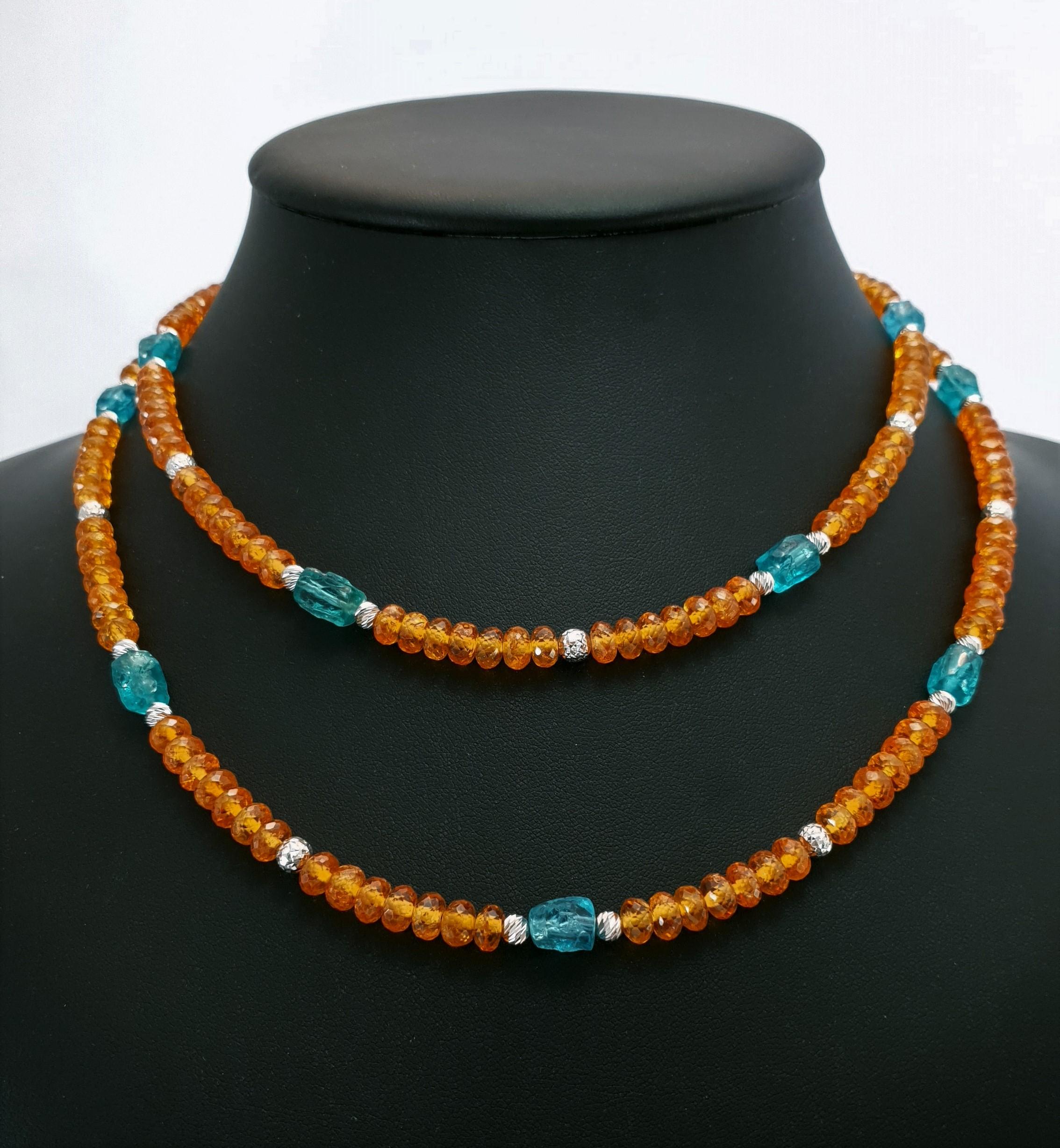 Orange Garnets and Paraiba Color Apatite Beads Necklace with 18 Carat White Gold 9