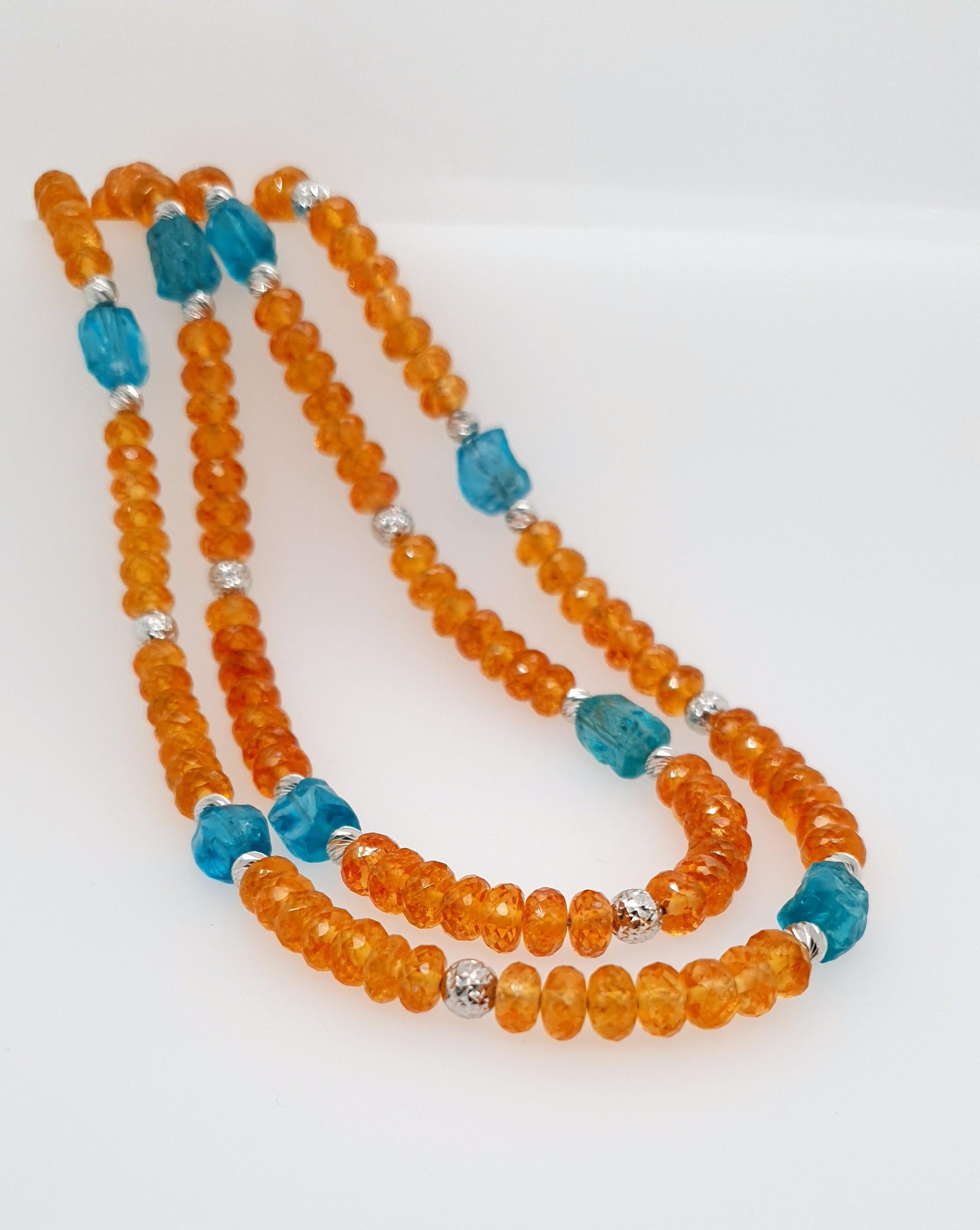 Orange Garnets and Paraiba Color Apatite Beads Necklace with 18 Carat White Gold 10
