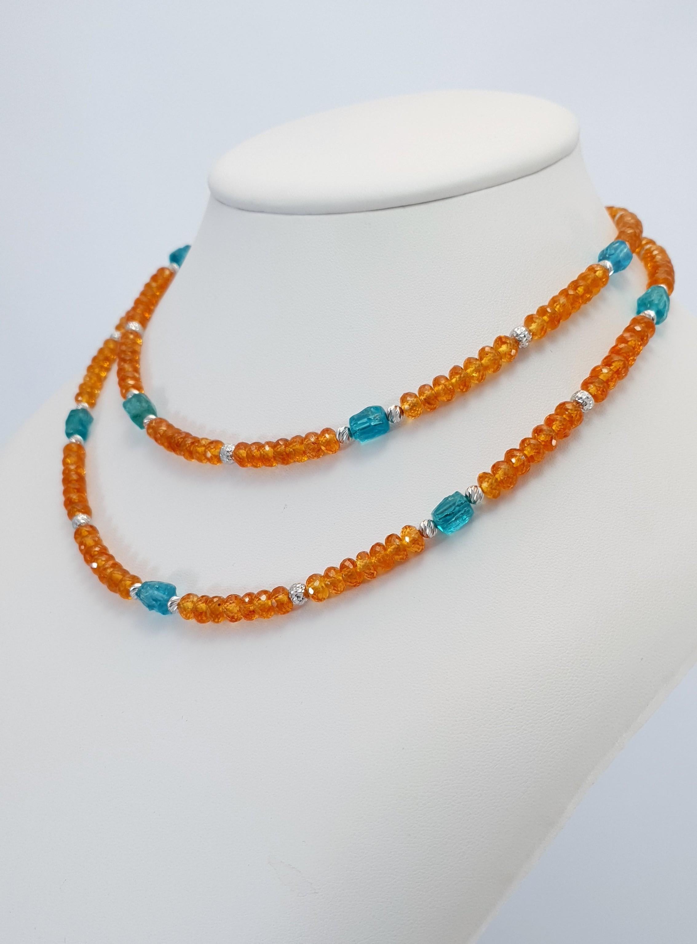 Arts and Crafts Orange Garnets and Paraiba Color Apatite Beads Necklace with 18 Carat White Gold