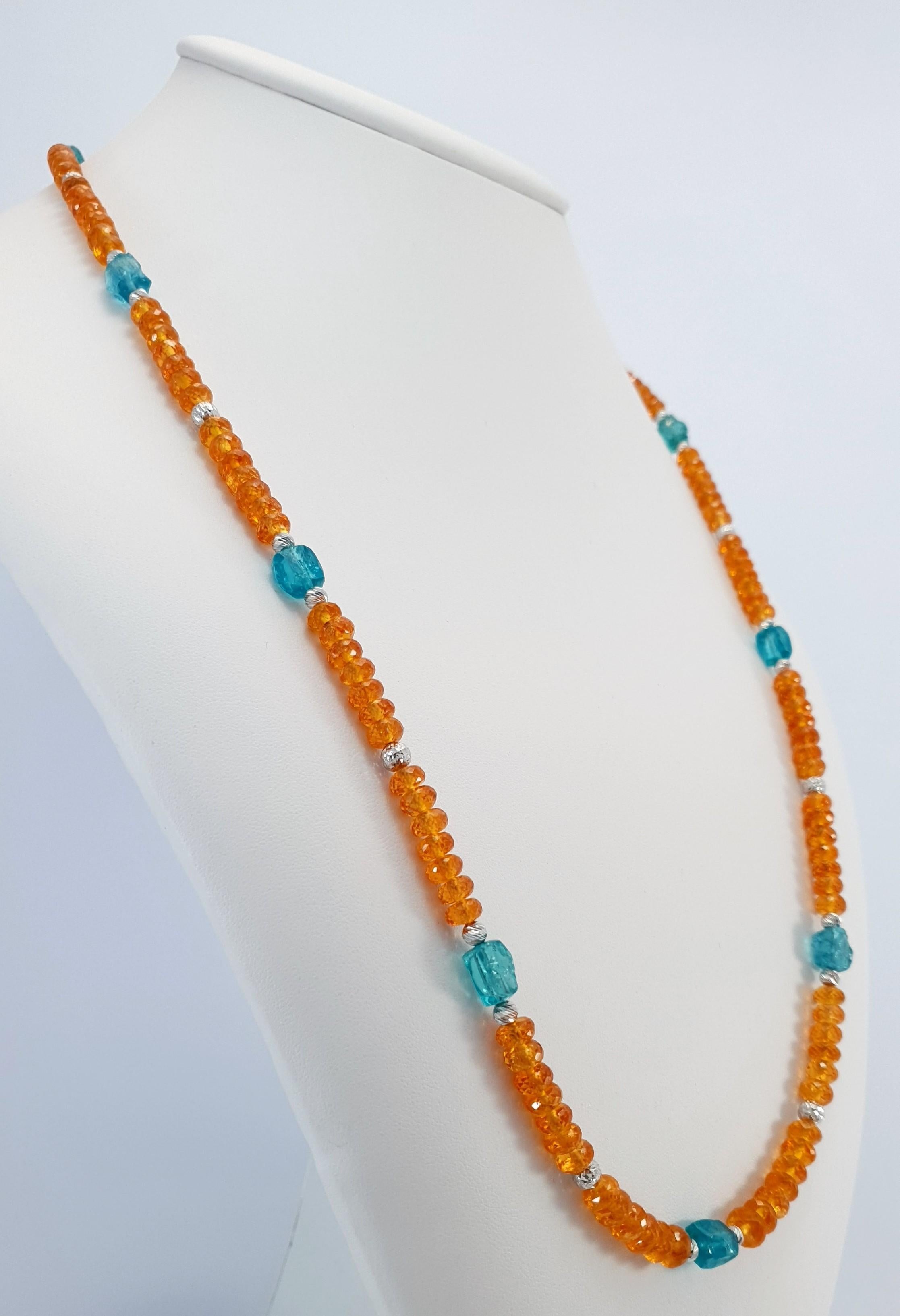 Orange Garnets and Paraiba Color Apatite Beads Necklace with 18 Carat White Gold In New Condition In Kirschweiler, DE