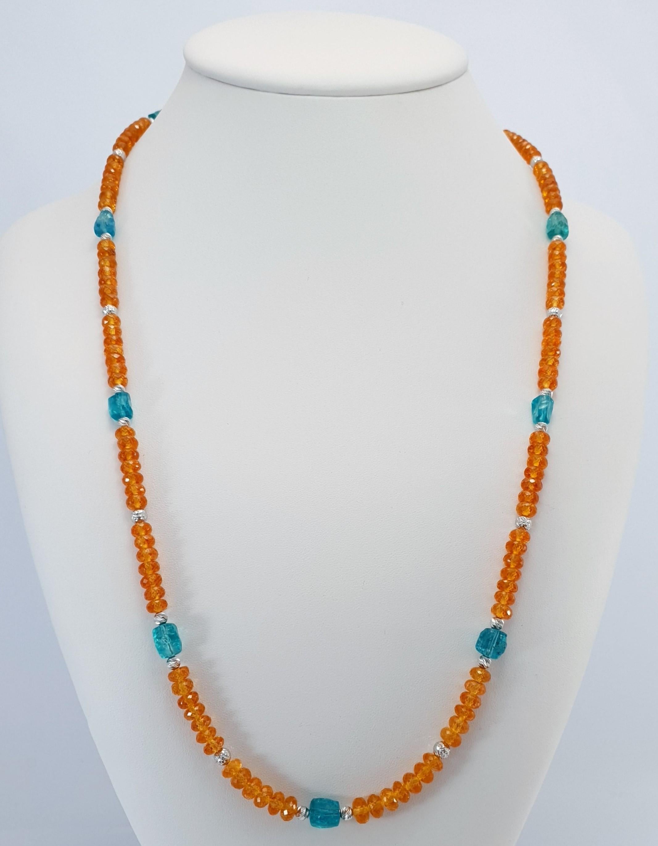 Women's Orange Garnets and Paraiba Color Apatite Beads Necklace with 18 Carat White Gold