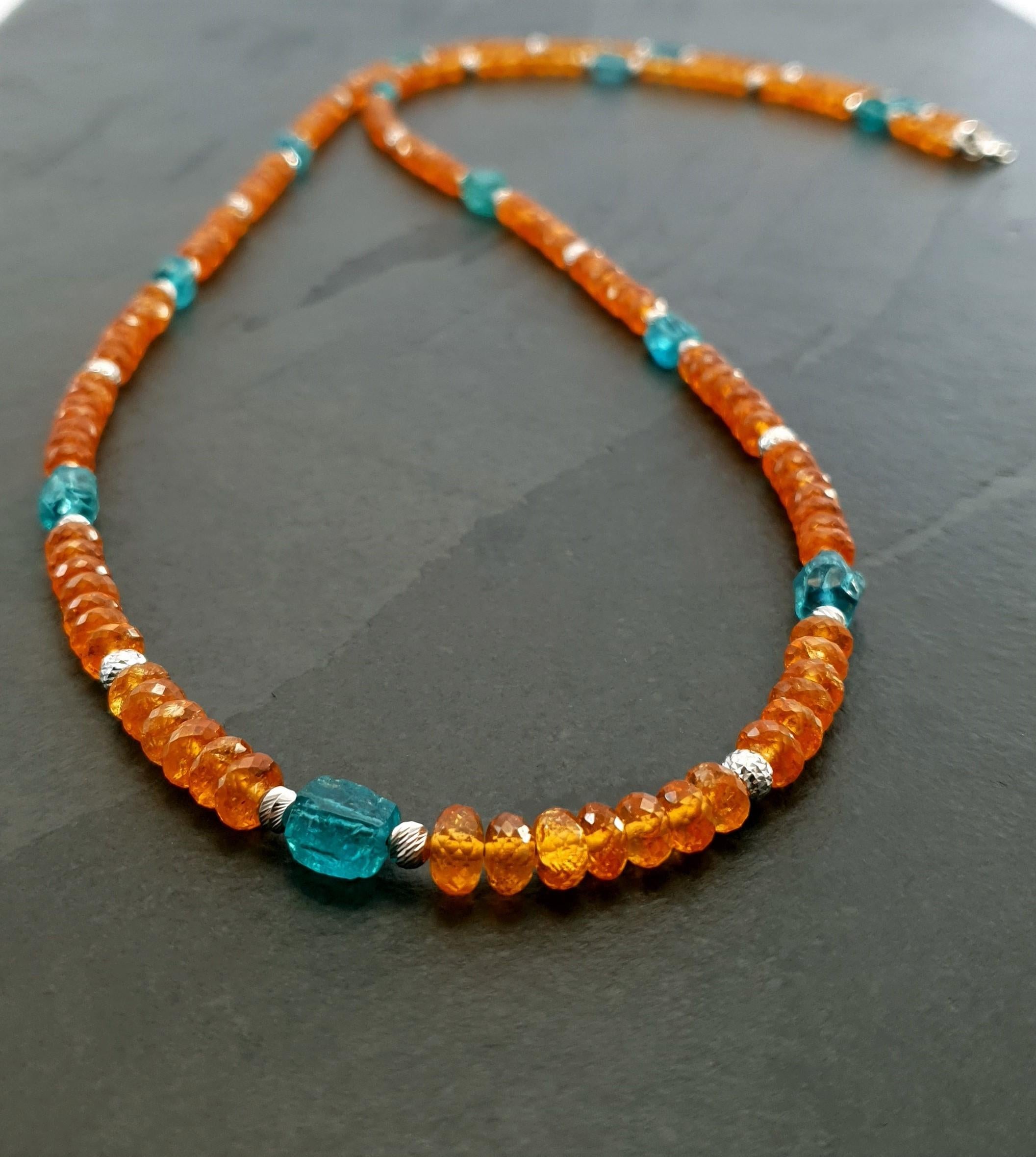 Orange Garnets and Paraiba Color Apatite Beads Necklace with 18 Carat White Gold 1