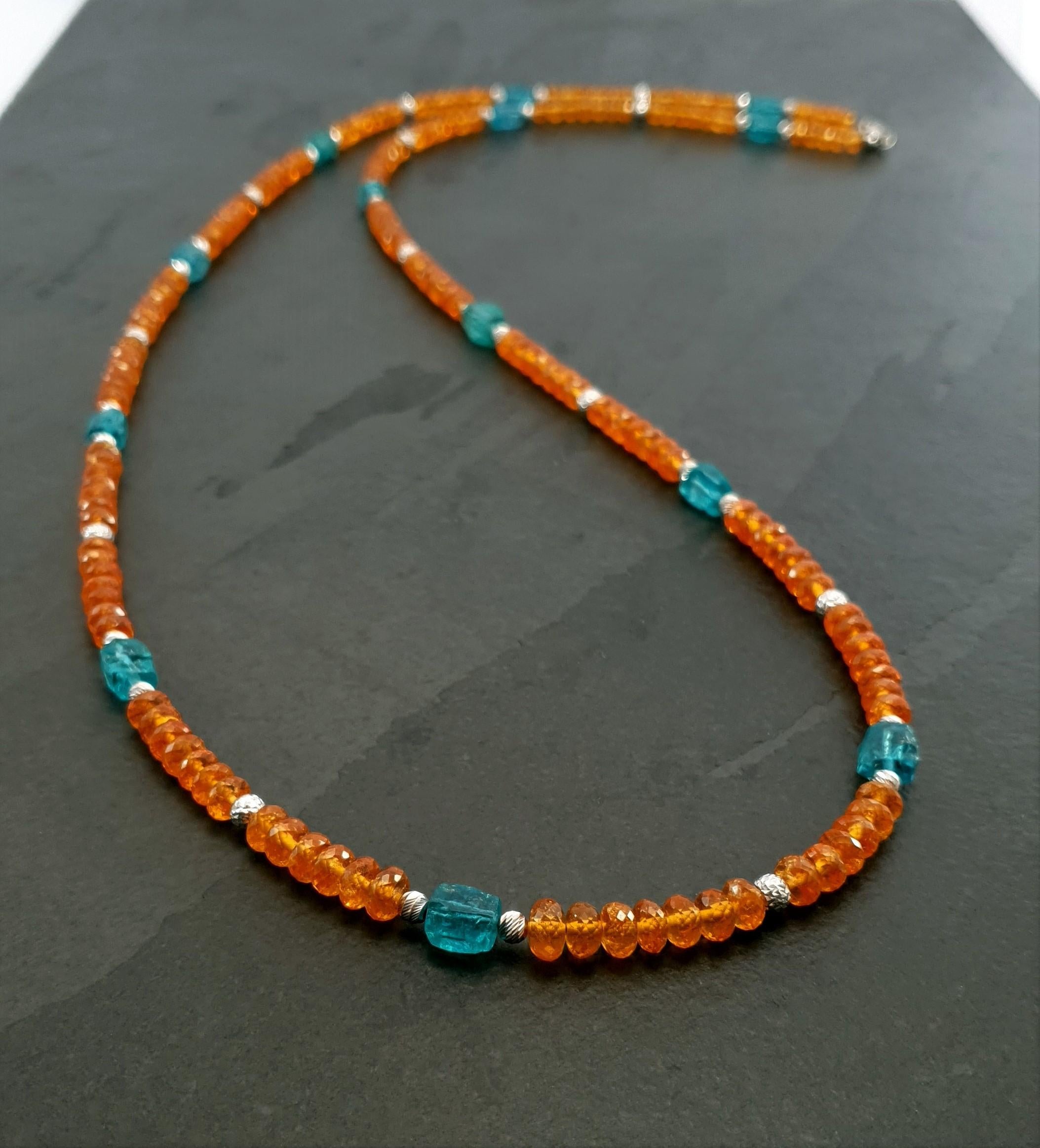 Orange Garnets and Paraiba Color Apatite Beads Necklace with 18 Carat White Gold 2