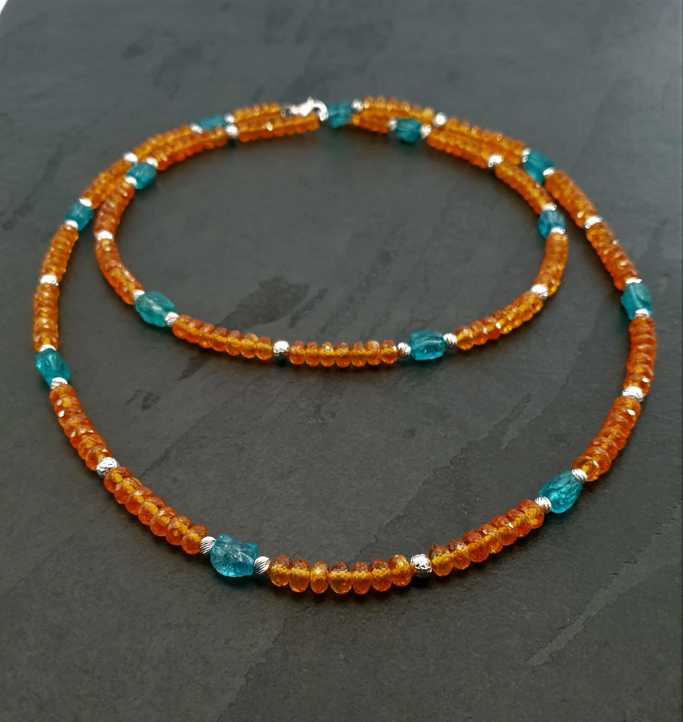 Orange Garnets and Paraiba Color Apatite Beads Necklace with 18 Carat White Gold 3