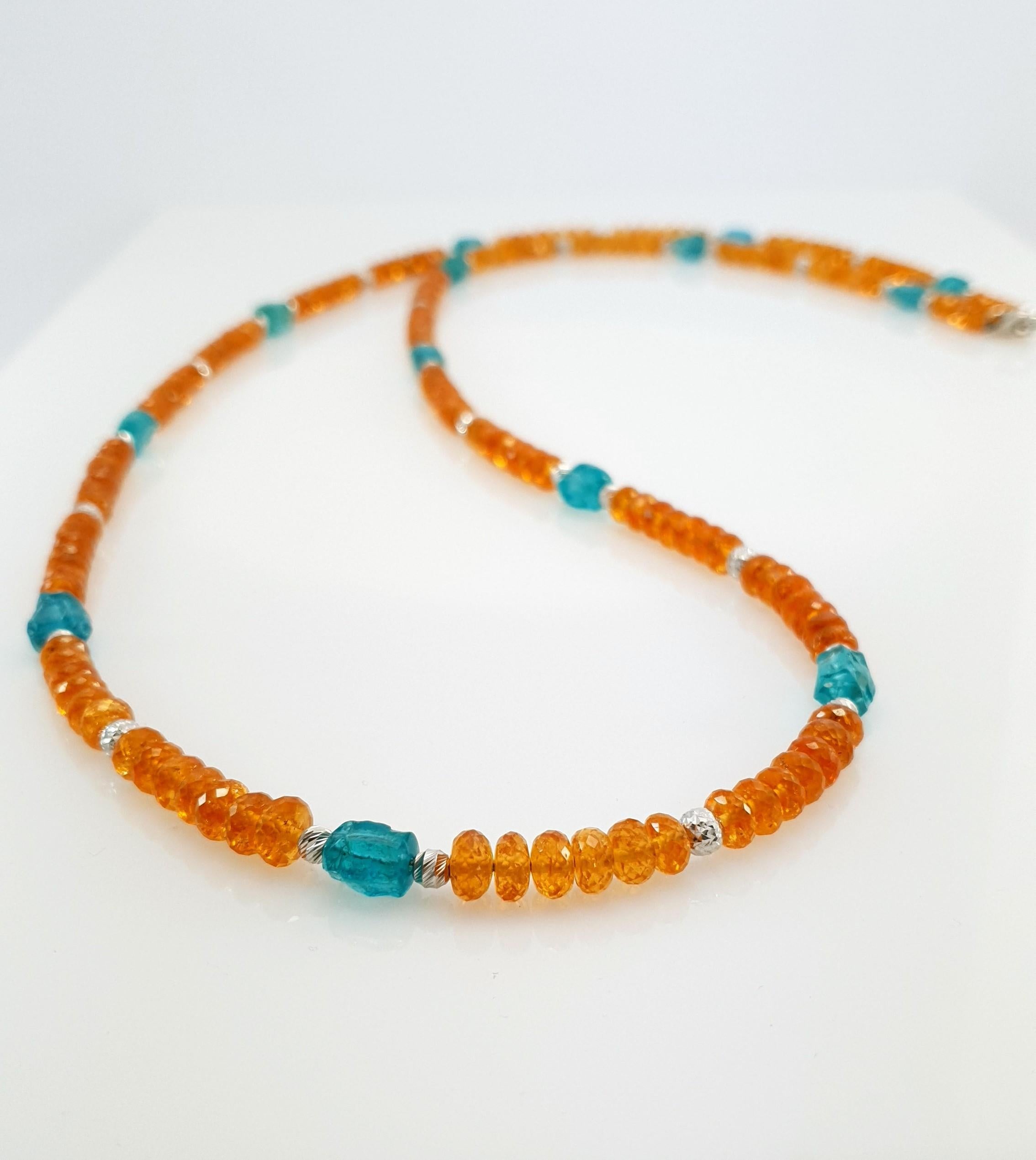 Orange Garnets and Paraiba Color Apatite Beads Necklace with 18 Carat White Gold 4
