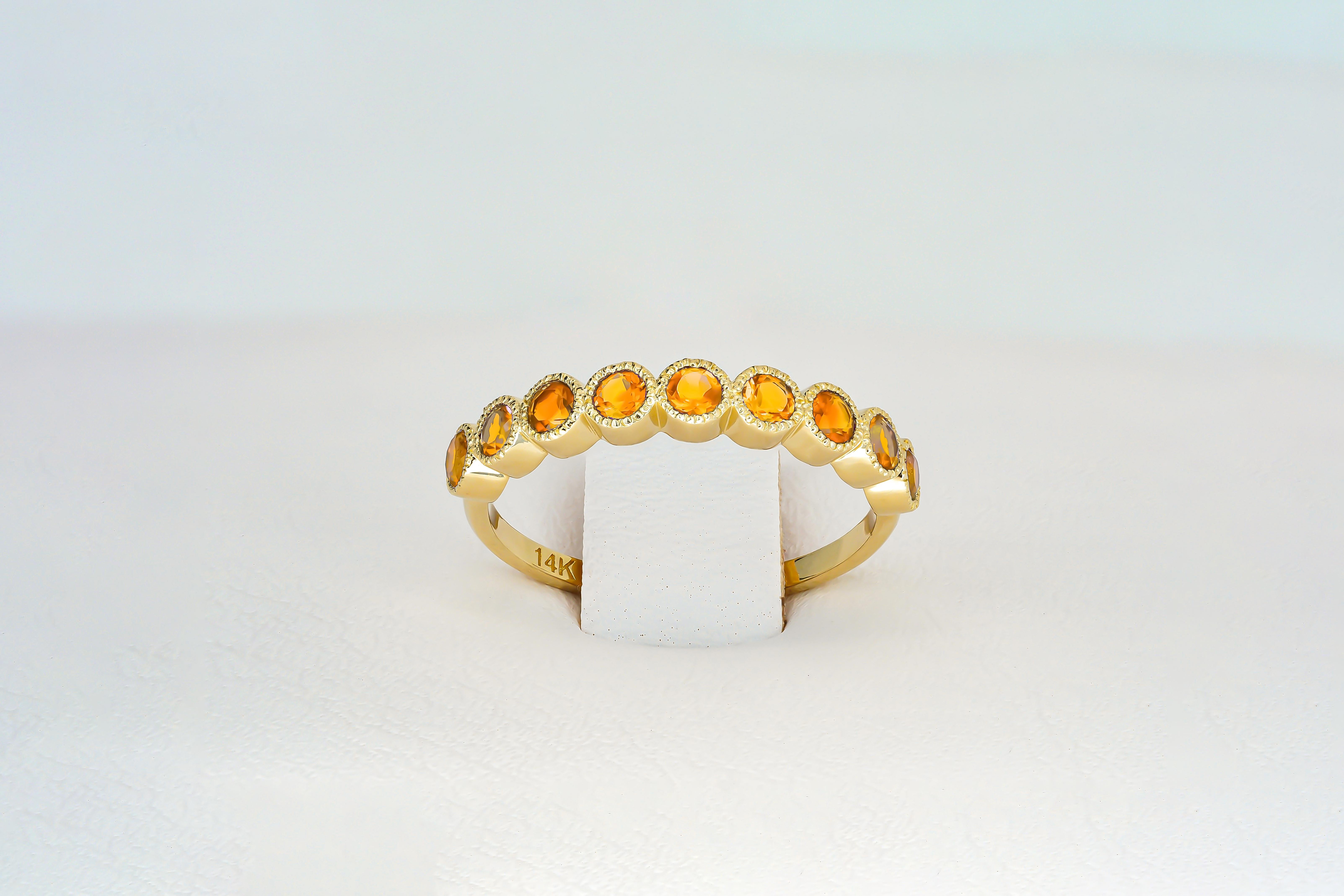 Round Cut Orange gem half eternity 14k gold ring. For Sale