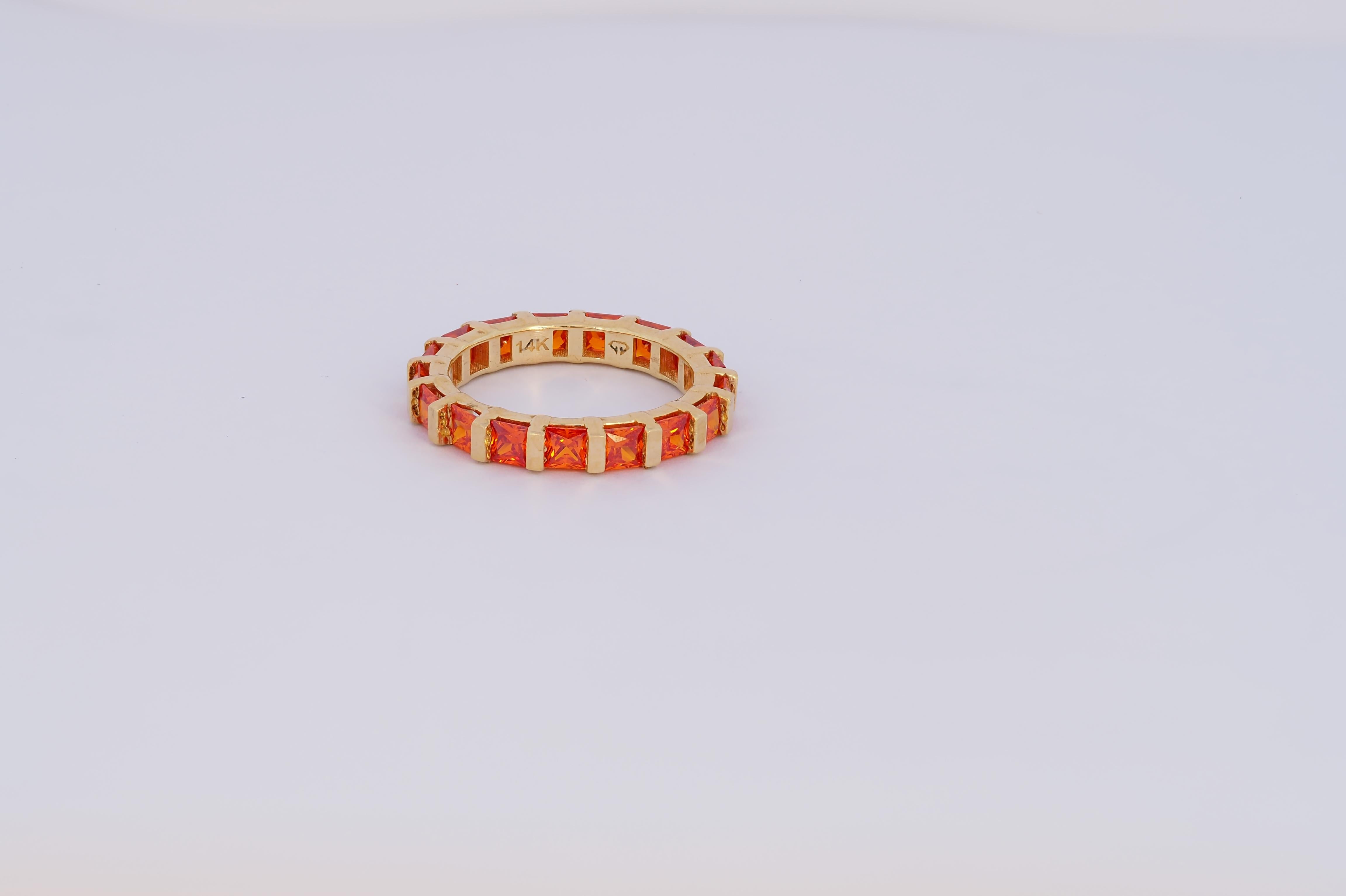 Orange gemstone 14k gold eternity ring band. Lab sapphire eternity ring. Princess cut Pave Band Engagement Ring. Full Eternity Ring. Stacking eternity 14k gold ring. 

Metal: 14k gold
Weight: 2 gr depends from size
Lab sapphire: orange color,