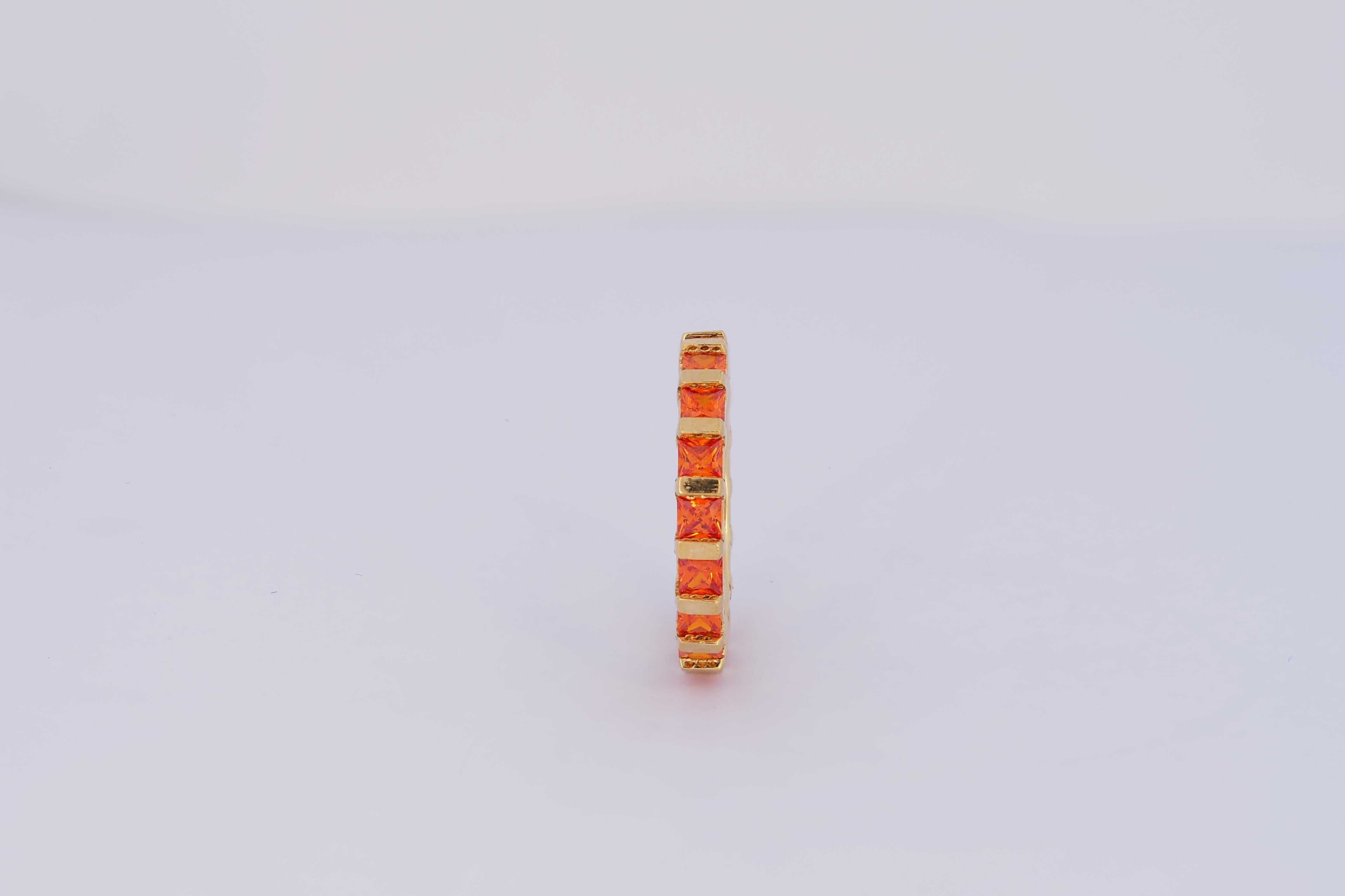 Princess Cut Orange gemstone 14k gold eternity ring band For Sale