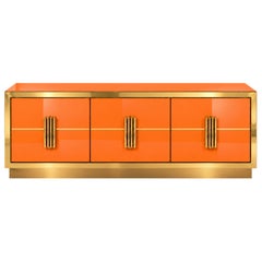 Orange Glass Sideboard with Sculptural Brass Handles, Made in Italy