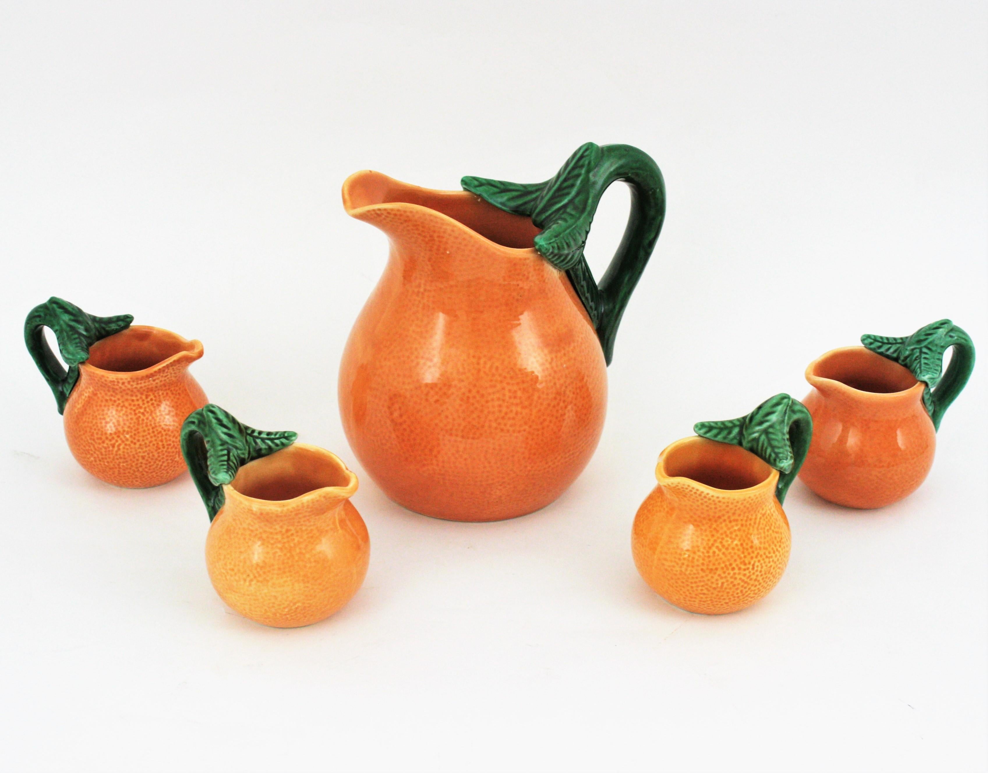 Mid-Century Modern Orange Glazed Ceramic Majolica Coffee or Tea Set for Four For Sale