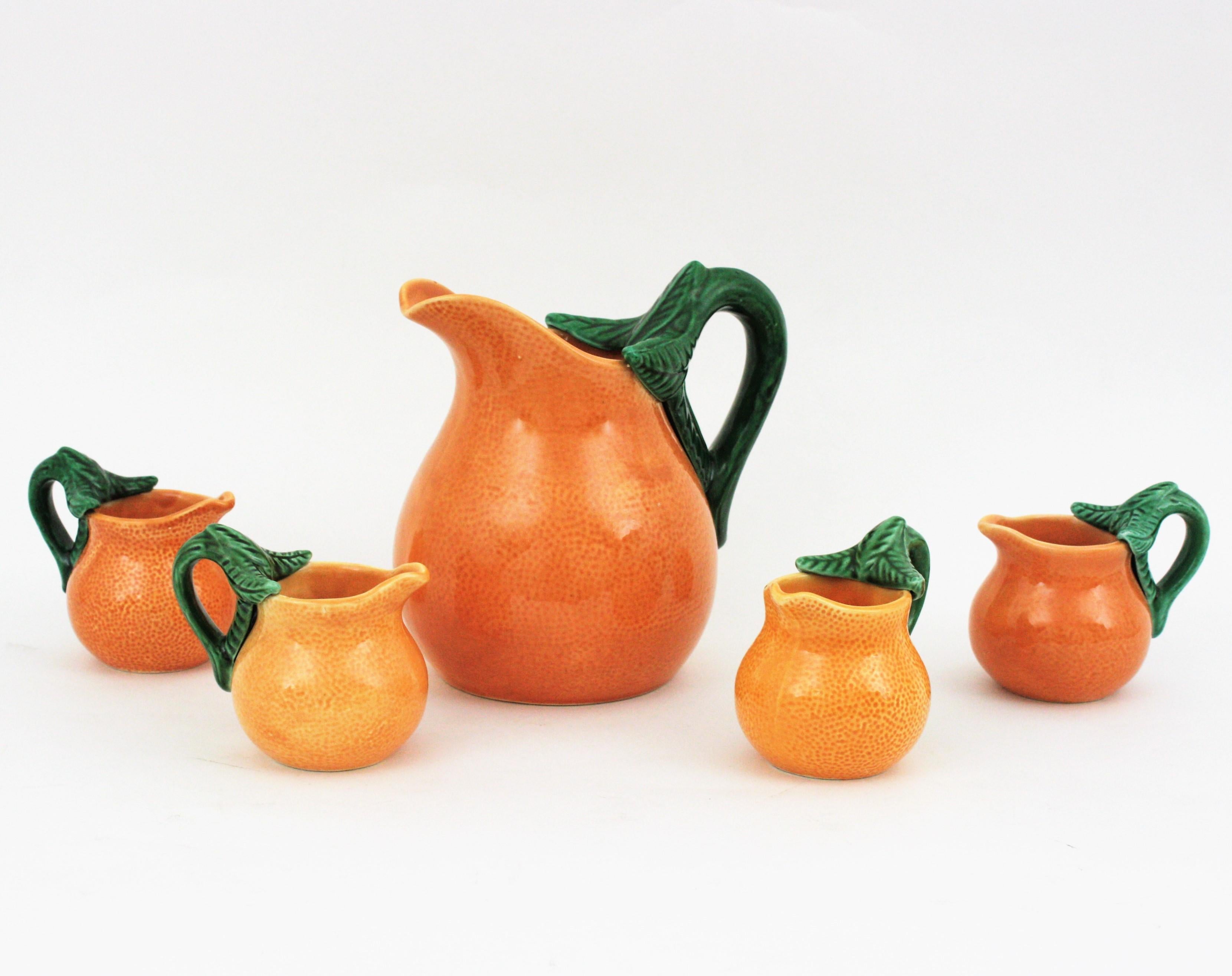 Spanish Orange Glazed Ceramic Majolica Coffee or Tea Set for Four For Sale